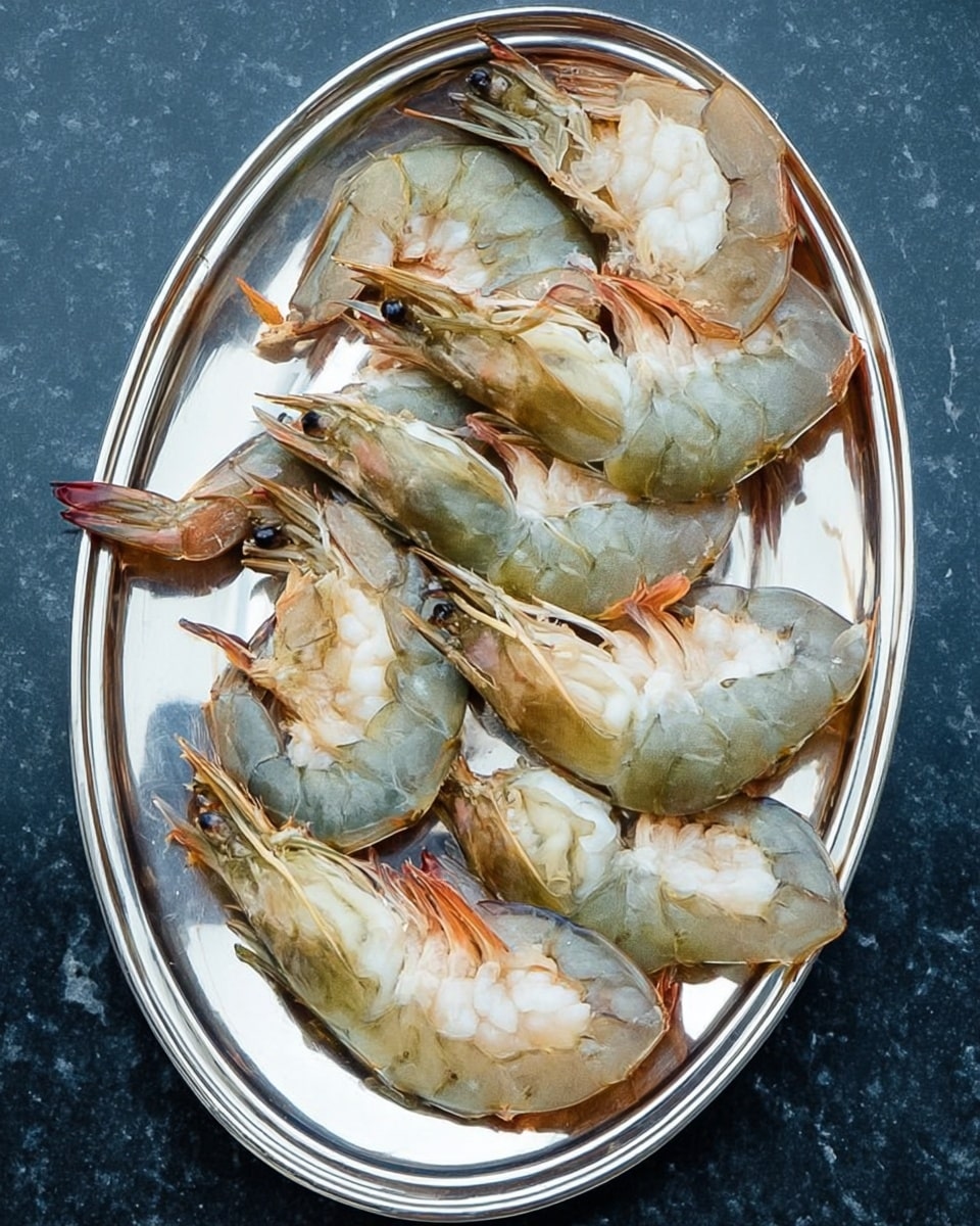 The image shows seven large, split-open raw prawns arranged on a shiny silver oval tray. Each prawn is split into two halves, revealing smooth, pale white flesh with a hint of translucence. The shells around the edges of the prawns are a mix of greenish, brown, and orange colors, with the tails intact. The tray rests on a dark surface but imagine it on a white marbled texture instead. The prawns are placed casually, some overlapping slightly, giving a fresh and natural look. Photo taken with an iphone --ar 4:5 --v 7