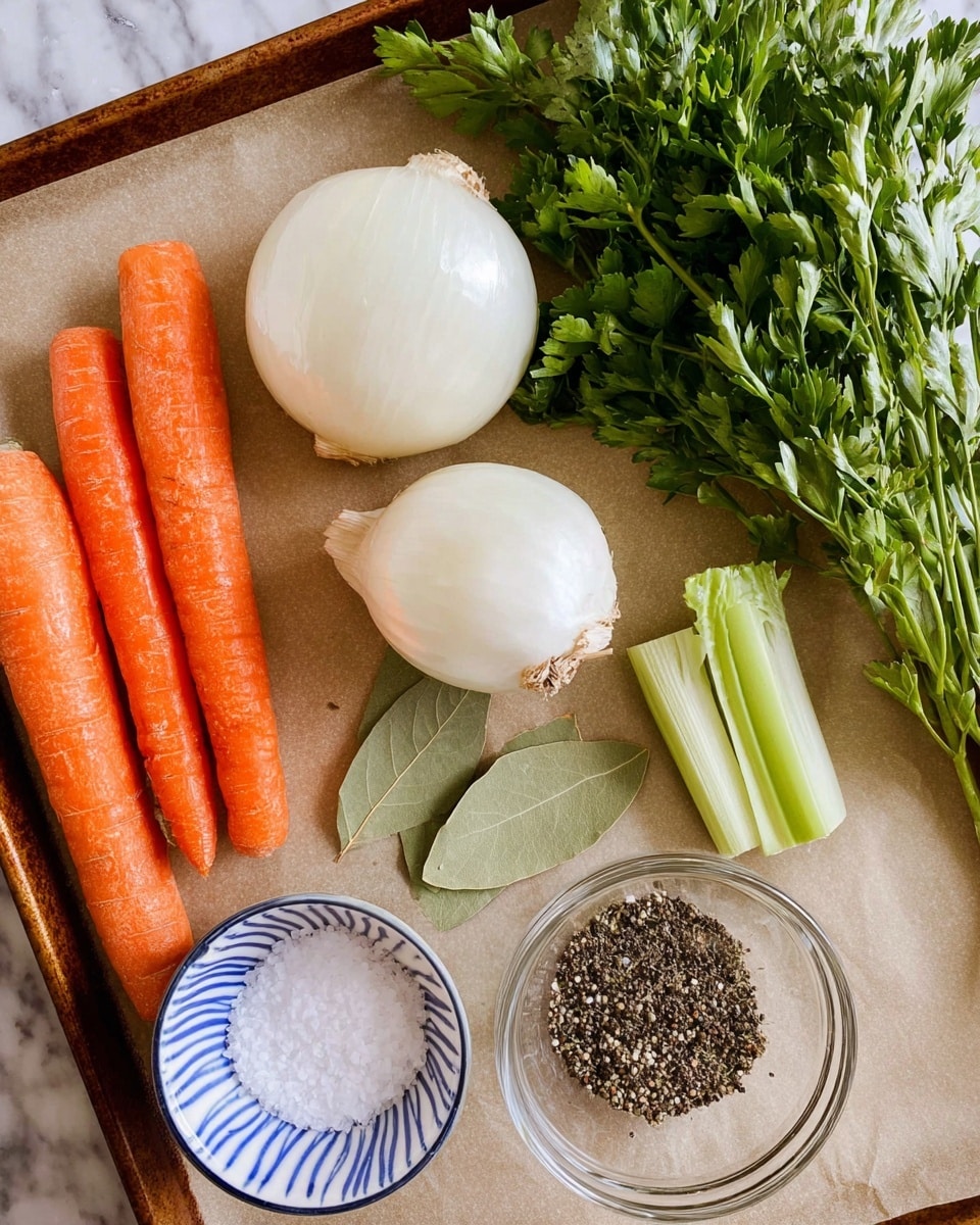 The image shows fresh ingredients arranged on a tray with a beige parchment paper surface replaced by a white marbled texture. There are two layers of onion, white with smooth texture, placed near some green parsley with fresh, leafy stems. Two long orange carrots with a slightly rough surface lie next to a small bunch of celery stalks that are pale green and crisp. Near the center, there is a cut head of garlic showing its circular cloves. Two large bay leaves rest near the onions. In the bottom left corner, a small white bowl with blue vertical stripes contains white coarse salt. Next to it, a clear glass bowl holds cracked black pepper with a grainy texture. Photo taken with an iphone --ar 4:5 --v 7