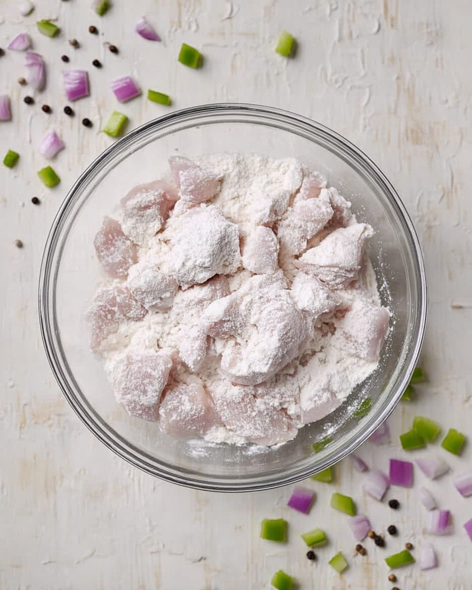 A clear glass bowl sits on a white marbled surface, filled with small pieces of raw chicken covered evenly with white flour. Around the bowl, there are small pieces of chopped green bell pepper, diced purple onion, and scattered black peppercorns spread out loosely, adding color contrasts to the light background. The chicken pieces look soft and powdery, with the flour dust lightly sticking to each piece inside the transparent bowl. photo taken with an iphone --ar 4:5 --v 7