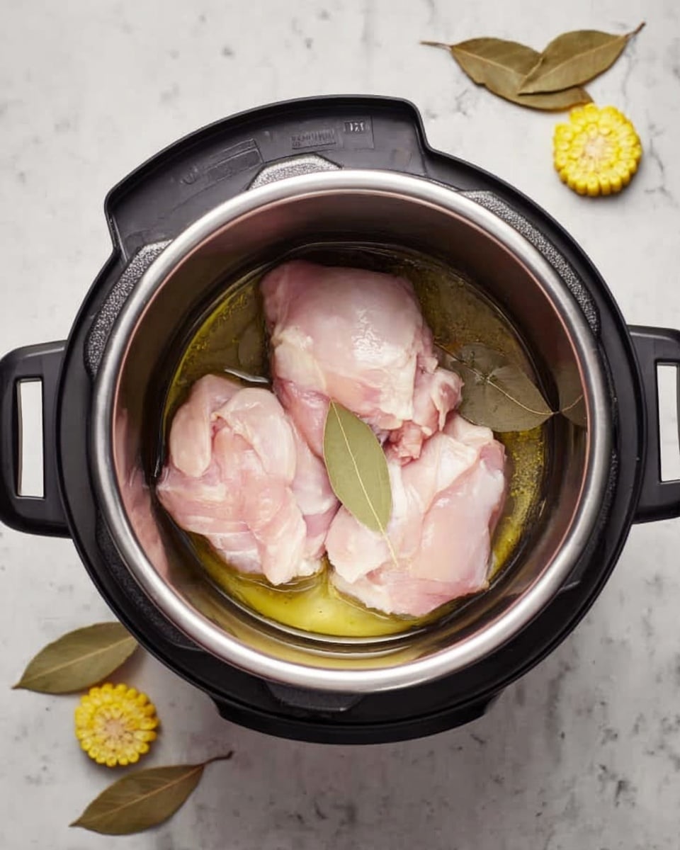A top view of an electric pressure cooker with three pieces of raw, pale pink chicken placed inside on the metal inner pot surface with a thin layer of oil. Around the cooker on a white marbled background are four yellow corn slices and four light brown bay leaves arranged neatly. The outer body of the cooker is black with handles on both sides. Photo taken with an iphone --ar 4:5 --v 7