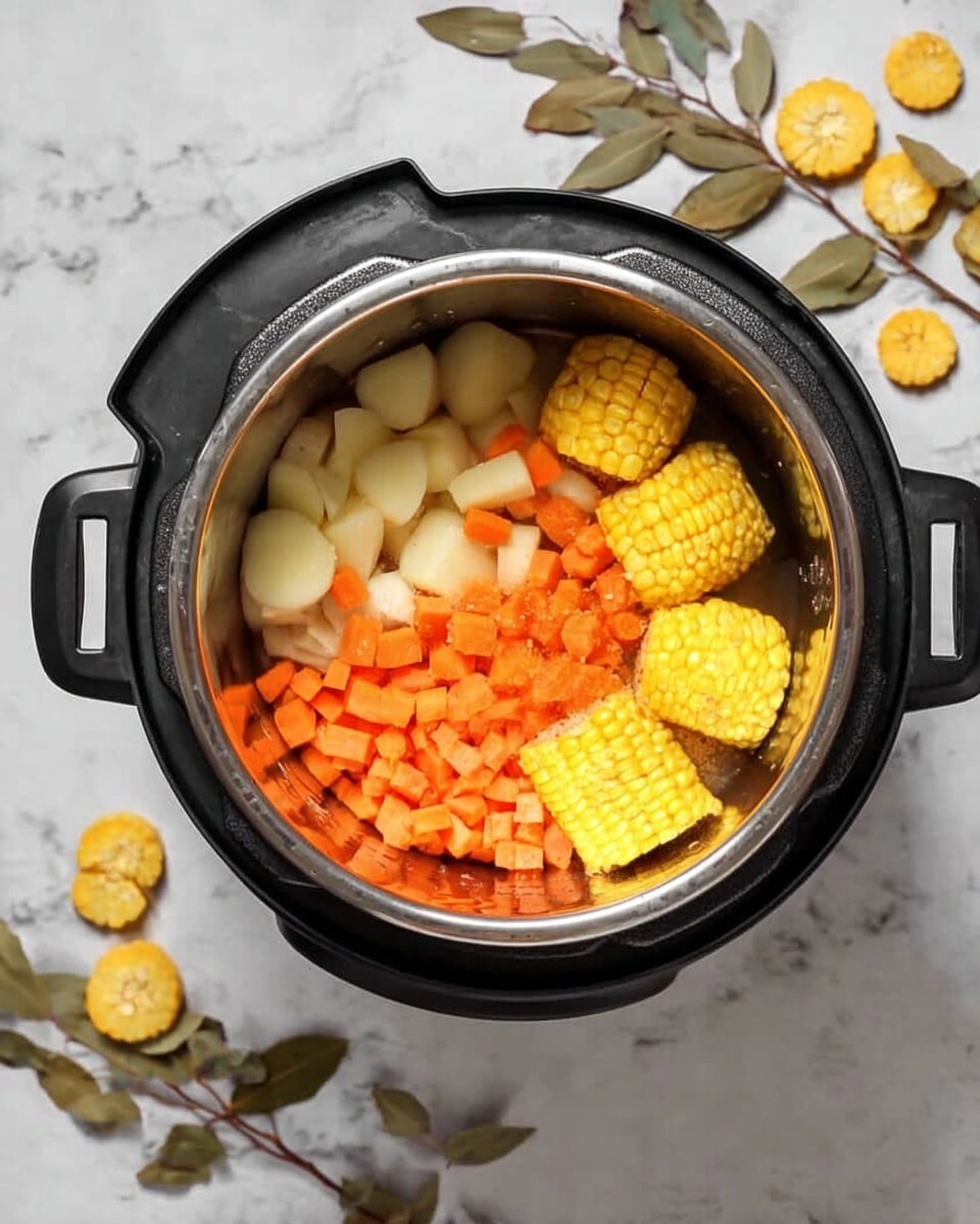 A black electric pressure cooker filled with three layers of ingredients is shown from above. The bottom layer consists of small orange carrot cubes, above it are white potato chunks that cover most of the carrots, and the top layer has four pieces of yellow corn on the cob cut into small rounds. Around the cooker on a white marbled surface are several corn rounds and a few dried bay leaves. Photo taken with an iphone --ar 4:5 --v 7