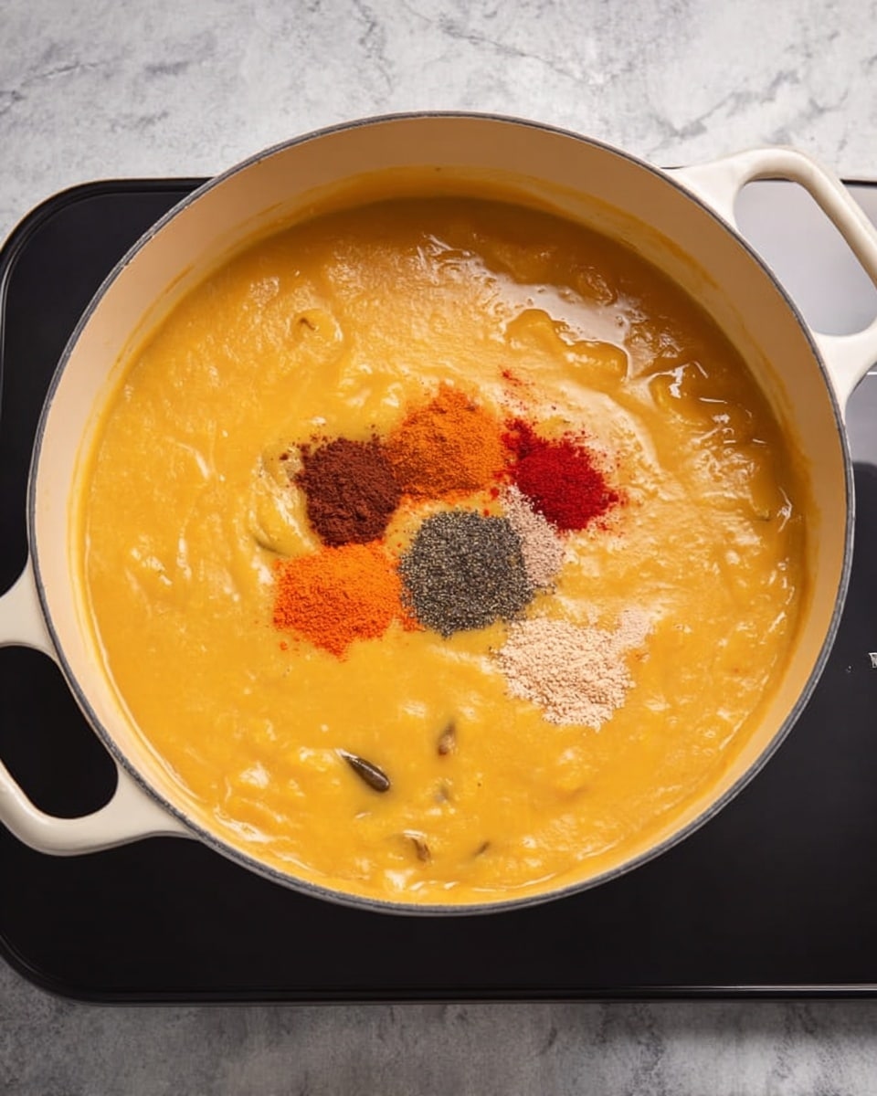 A large white oval pot sits on a black stove with a white marbled surface below, filled with smooth, thick, light orange puree. On top of the puree are five small piles of different spices arranged in a circular pattern near the center. These spices include a dark brown powder, a reddish-orange powder, a bright red powder, a soft black powder, and a light beige powder. The puree has a shiny, slightly oily texture around the edges, and the pot handles are visible on both sides. Photo taken with an iphone --ar 4:5 --v 7