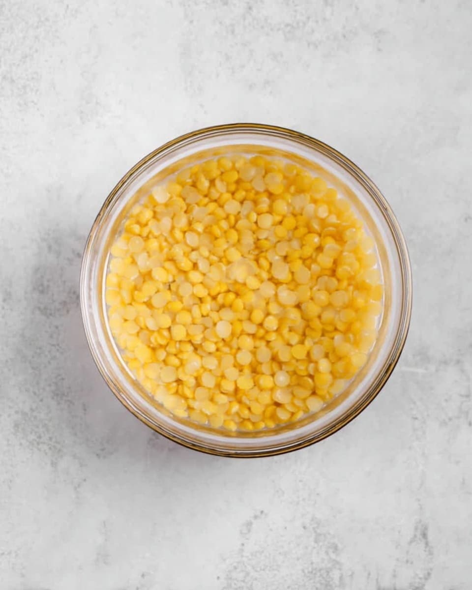 A clear glass bowl filled with small, round yellow lentils soaked in water, showing a slight reflection on the surface of the water. The bowl is placed on a white marbled textured surface, with the light highlighting the translucency and texture of the lentils inside. There is no additional decoration or color, just the simple, clean look of the soaked lentils in water, centered in the frame. photo taken with an iphone --ar 4:5 --v 7