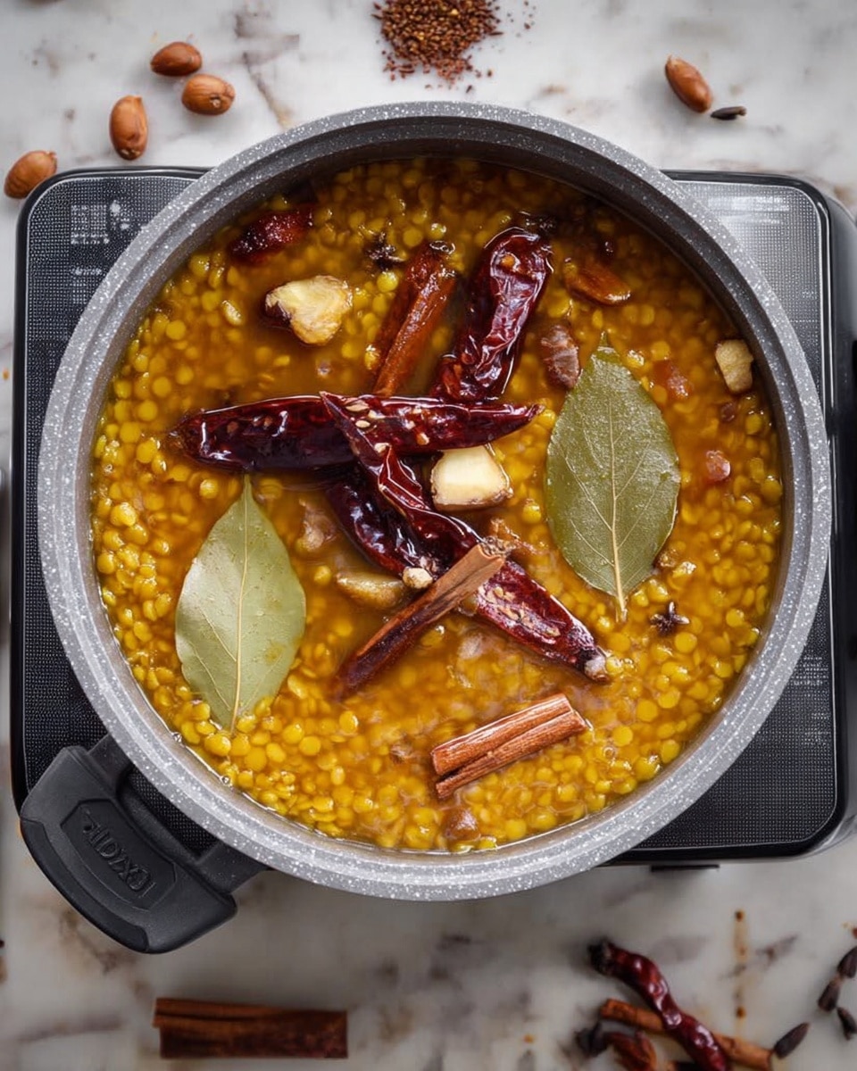 The image shows a cooking pot filled with yellow lentils simmering in a rich, orange-brown broth. On top of the lentils, there are several whole dried red chilies, two large green bay leaves, a cinnamon stick, and slivers of light brown ginger floating, adding texture and color contrast. The pot is placed on a gray electric stove, and the surface beneath is a white marbled texture scattered with a few spices like cinnamon sticks, dried red chilies, and nut pieces. The scene is lit softly from above, highlighting the warmth and depth of the dish. Photo taken with an iphone --ar 4:5 --v 7