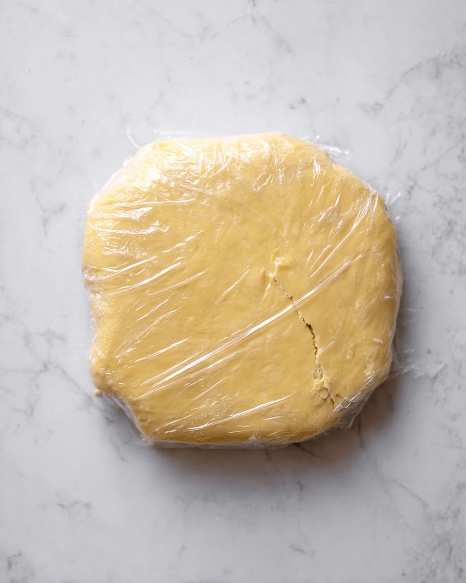 A thick, flat round dough wrapped tightly in clear plastic wrap, showing its smooth, pale yellow surface with some slight cracks near the edges. The dough rests directly on a white marbled surface, and the clear plastic wrap shines faintly with light reflections across the dough. The dough is evenly pressed and slightly rounded on the corners, giving it a neat shape. photo taken with an iphone --ar 4:5 --v 7