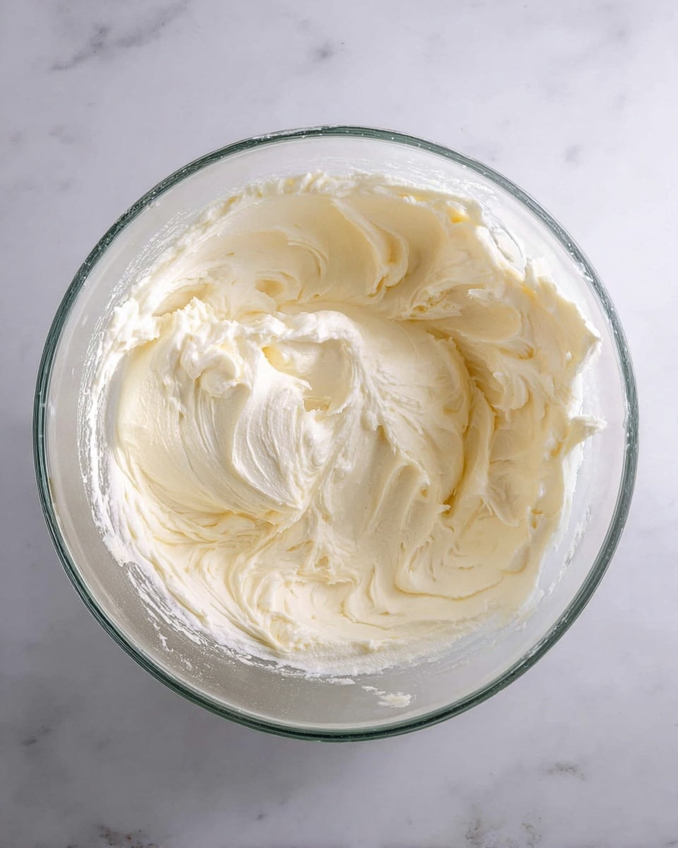 A clear glass bowl holds one thick, creamy layer of smooth, off-white frosting. The frosting's texture shows gentle swirls and soft peaks, with a few areas appearing slightly denser, giving a light richness to the overall look. The bowl rests on a white marbled surface, enhancing the simple and fresh visual of the creamy spread. photo taken with an iphone --ar 4:5 --v 7