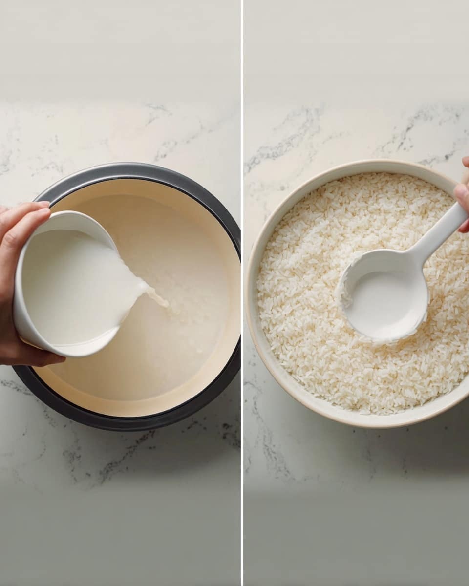The image shows two scenes: on the left, a woman's hand holding a white bowl pours a white liquid into a round white pot with a smooth inside surface; on the right, a white ladle filled with white liquid is held above a white bowl filled with cooked white rice, arranged in a single flat layer inside the bowl, which sits on a white marbled surface. The rice has a soft, slightly sticky texture. The scene is simple and clean with soft lighting, focusing on the smooth textures of the liquid and rice. photo taken with an iphone --ar 4:5 --v 7