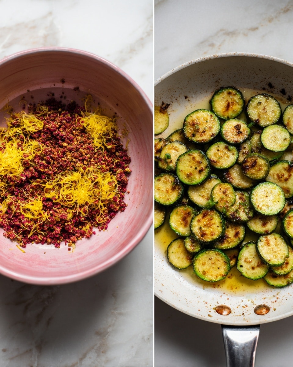 The image shows two side-by-side cooking scenes on a white marbled surface. On the left, there is a pink bowl filled with a mixture of red spices or crumbs, topped with bright yellow lemon zest, creating a textured, colorful contrast. On the right, a white frying pan contains evenly browned slices of zucchini with golden, crispy edges and some light oil glistening on the surface. The pan handle is visible, and the overall scene gives a sense of fresh, simple cooking. photo taken with an iphone --ar 4:5 --v 7