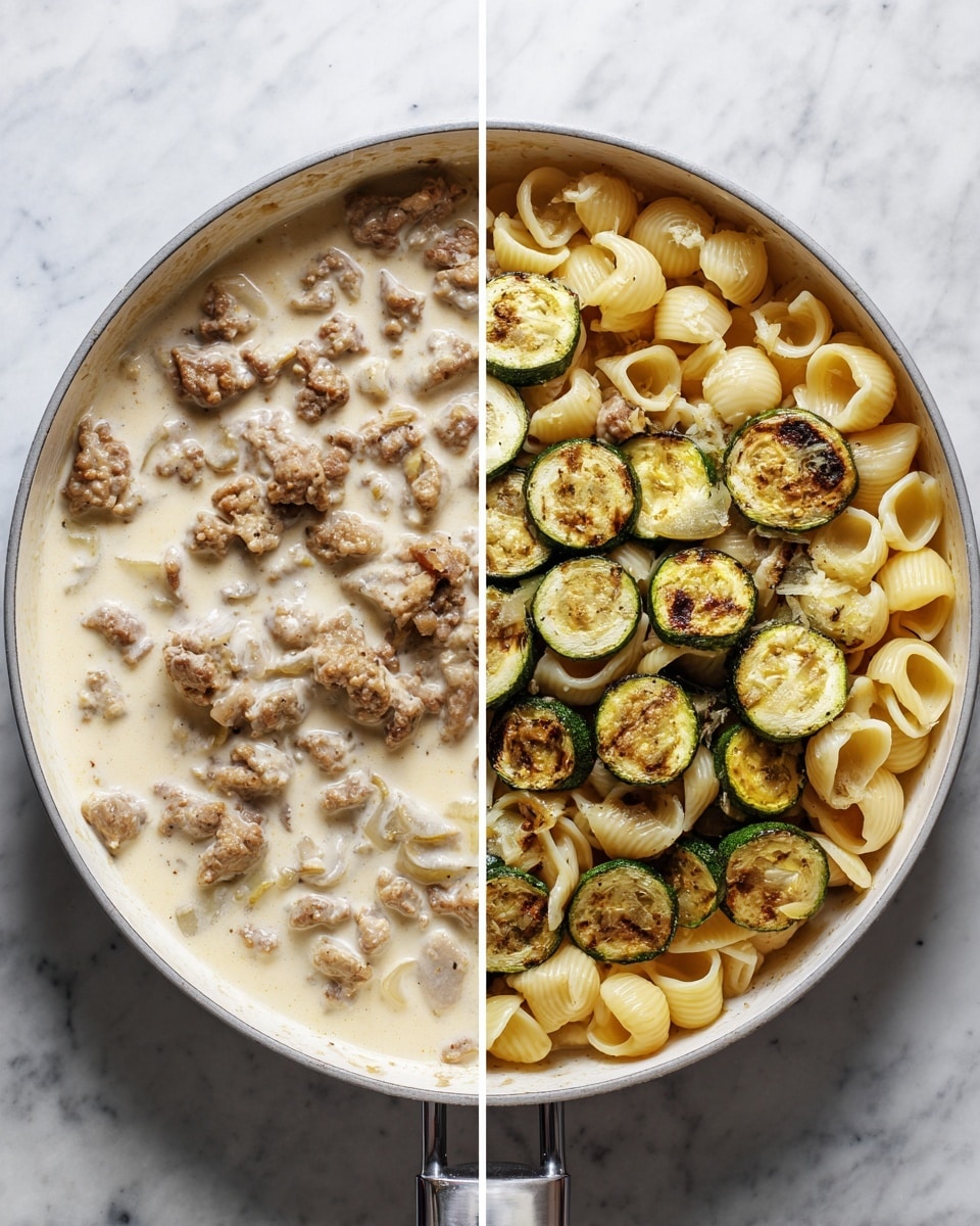 The image shows two side-by-side views of a white pan on a white marbled surface. On the left side, the pan contains a creamy sauce with small pieces of browned meat floating in it, the sauce is light beige and thick, covering the meat evenly. On the right side, the pan holds light yellow shell pasta mixed with the browned meat pieces seen earlier, and topped with grilled zucchini slices that are golden brown with dark green edges scattered in the center. The textures contrast between the smooth creamy sauce on the left and the dry pasta and cooked vegetables on the right. Photo taken with an iphone --ar 4:5 --v 7