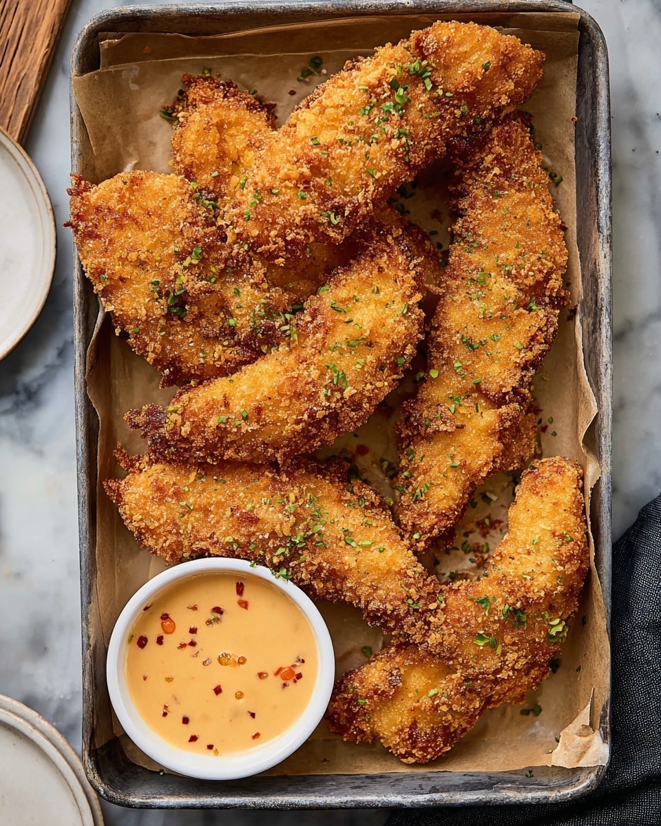 A close-up image shows a golden brown, crispy chicken wing covered in a shiny, thick sauce with small green herb bits on top. The wing is half-dipped into an orange creamy dipping sauce inside a small metal cup, placed in a metal tray with more glazed chicken wings blurred in the background. A woman's hand with white nail polish holds the wing gently from the right side. The surface below is a white marbled texture. photo taken with an iphone --ar 4:5 --v 7