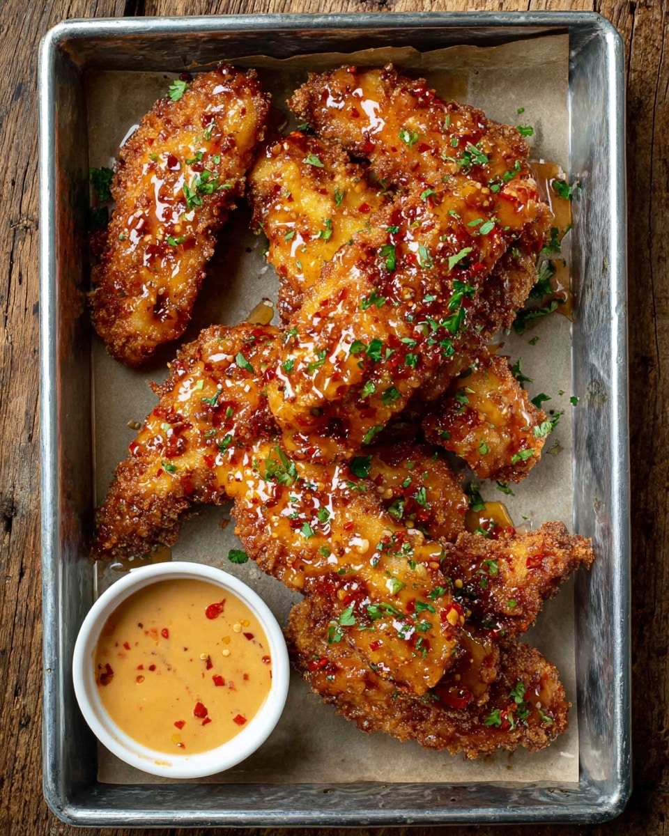 A metal tray holds six pieces of crispy fried chicken tenders coated in a shiny, sweet chili glaze with specks of red chili and chopped green parsley scattered on top. The golden brown chicken tenders have a crunchy texture with sauce dripping slightly over them. At the bottom left of the tray, a small white bowl contains a thick, light orange dipping sauce with visible chili flakes. The tray sits on a rustic wooden surface. photo taken with an iphone --ar 4:5 --v 7