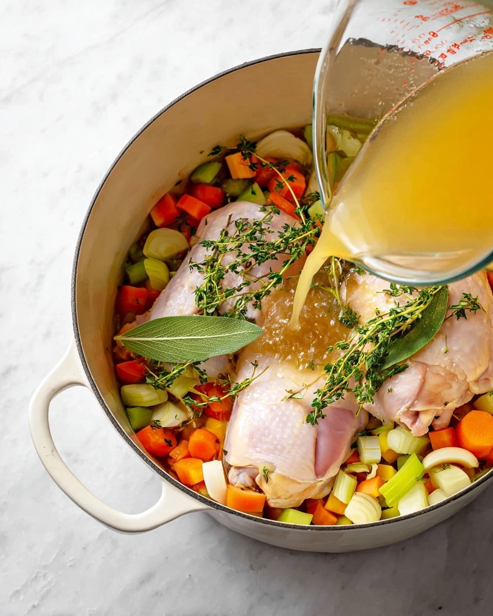 A white pot filled with clear golden broth soup containing three main layers: shredded white chicken pieces on top, orange carrot slices and light green celery chunks in the middle, and pale yellow potato pieces near the bottom. The soup is sprinkled with fresh bright green parsley leaves throughout and some black pepper flakes floating on the surface. A silver ladle sits inside the pot, lifting some soup showing the layered vegetables and meat. The pot is on a white marbled surface with a light gray cloth underneath. Nearby are fresh parsley on a wooden board, two stacked white plates with two silver spoons on top, and a small white bowl filled with coarse black pepper. Photo taken with an iphone --ar 4:5 --v 7
