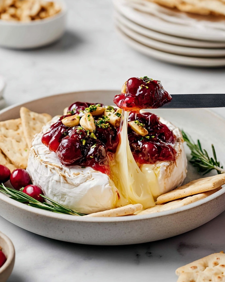 A round white cheese wheel sits in the center of a light gray bowl, with its soft, melted inside oozing out as a knife lifts a stretchy piece, showing a smooth creamy texture. On top, there is a thick red fruit sauce with whole cherries and small chunks of nuts sprinkled with green herb leaves. Several light beige crackers are tucked around the cheese base inside the bowl. Close to the bowl, a few sprigs of fresh green rosemary and some bright red cranberries add color. In the blurred background, there are stacked white plates and a white bowl with chopped nuts on a white marbled surface. Photo taken with an iphone --ar 4:5 --v 7