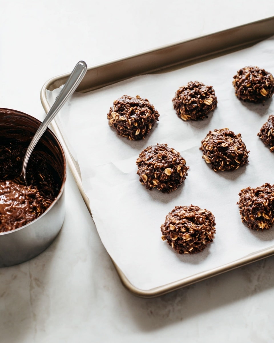 The image shows a metal saucepan on a stove with two layers inside it. The bottom layer is thick and dark brown with a smooth texture, almost like a thick sauce or syrup. On top of that is a thick layer of light beige rolled oats, covering the entire surface evenly with a rough texture. The stove has black grates, and the saucepan's shiny metal handle extends out to the right side. The photo background is a white marbled texture. photo taken with an iphone --ar 4:5 --v 7
