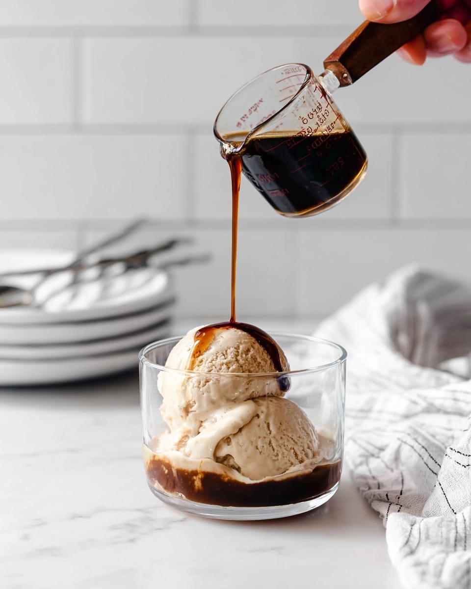 A clear glass cup sits on a white marbled surface with a large scoop of light beige ice cream inside. Dark, rich espresso coffee is being poured from a small clear glass measuring cup with a dark wooden handle by a person's fingers, flowing smoothly over the ice cream and pooling at the bottom. The background shows a white tiled wall and blurred white dishes stacked with a spoon on top. A white cloth with thin black stripes is partially visible on the right side. photo taken with an iphone --ar 4:5 --v 7