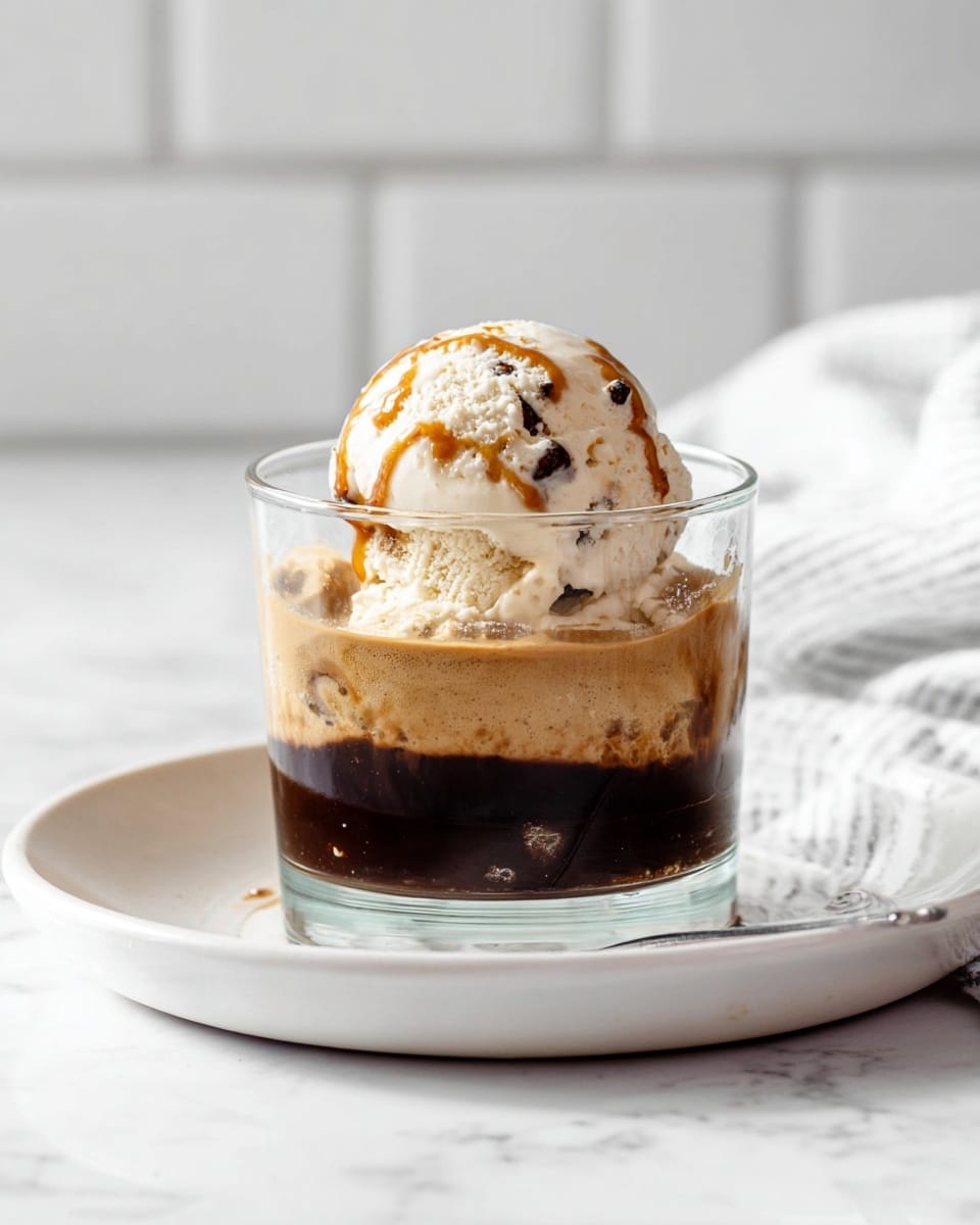 A clear glass cup sits on a white plate over a white marbled surface, filled with two visible layers: a thick dark brown coffee base at the bottom and a large single scoop of light cream-colored ice cream with small dark chunks, covered with a light brown drizzle on top. The background is softly blurred white tiles, and there is a white cloth with a subtle pattern to the right in the background. photo taken with an iphone --ar 4:5 --v 7