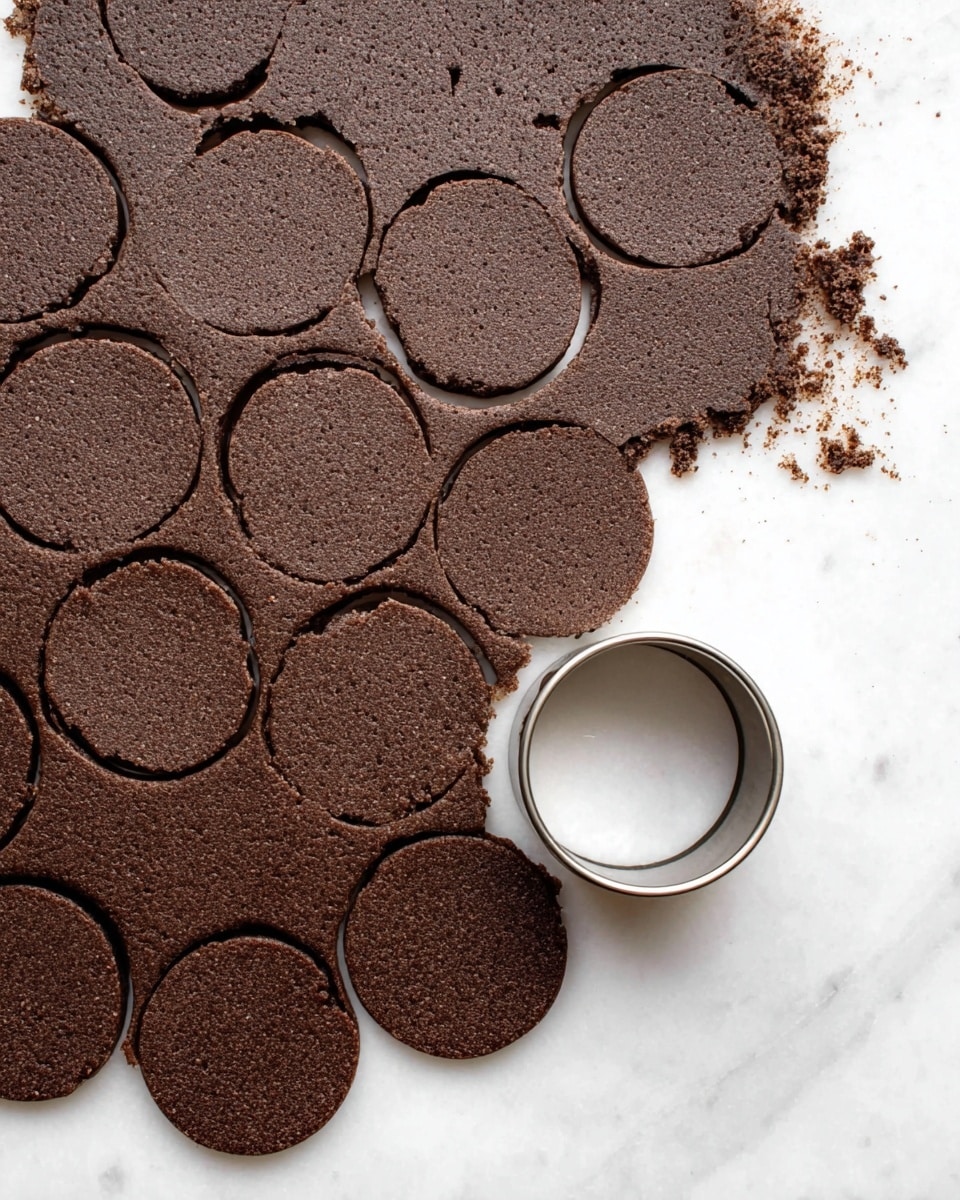 A large piece of dark brown cookie dough rolled flat on a white marbled surface, with multiple round shapes pressed out in rows using a round metal cutter placed on the right side. The dough shows a slightly rough texture with some crumbs scattered near the top edge. The neat circular cutouts have clean edges and are evenly spaced, showing the dough's thickness clearly. Photo taken with an iphone --ar 4:5 --v 7