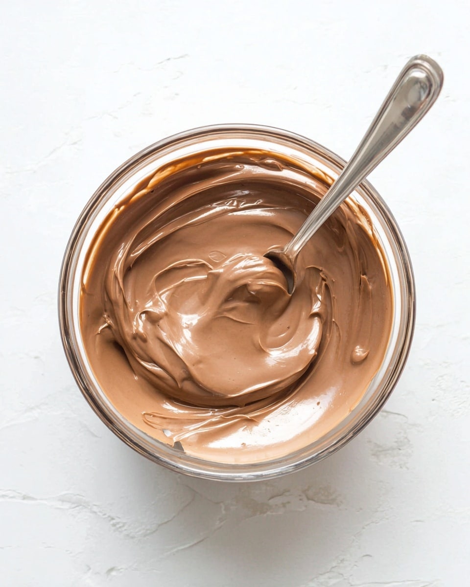 A clear glass bowl with one smooth, thick layer of light brown chocolate mixture inside, showing a creamy texture with gentle swirls and a spoon partially dipped into it from the right side. The bowl is placed on a white marbled surface. Photo taken with an iphone --ar 4:5 --v 7