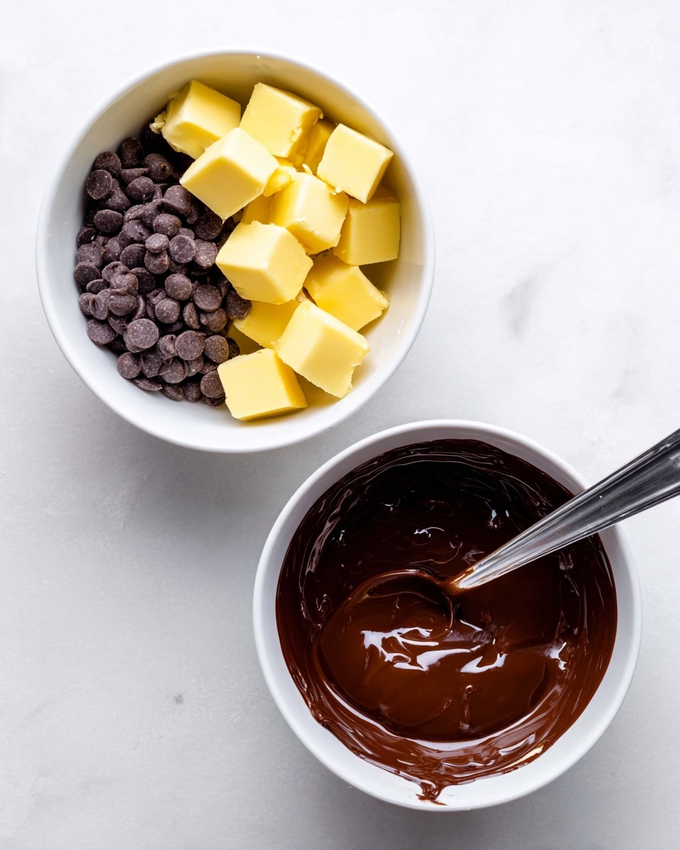 Two white bowls sit side by side on a white marbled surface. The left bowl contains dark brown chocolate chips at the bottom with six medium yellow cubes of butter spread on top, the butter contrasting sharply with the chocolate below. The right bowl holds smooth, melted chocolate with a rich dark brown color, and a silver spoon is resting inside, partially coated with the shiny chocolate. The overall scene shows the process of melting chocolate and butter together for a recipe. photo taken with an iphone --ar 4:5 --v 7