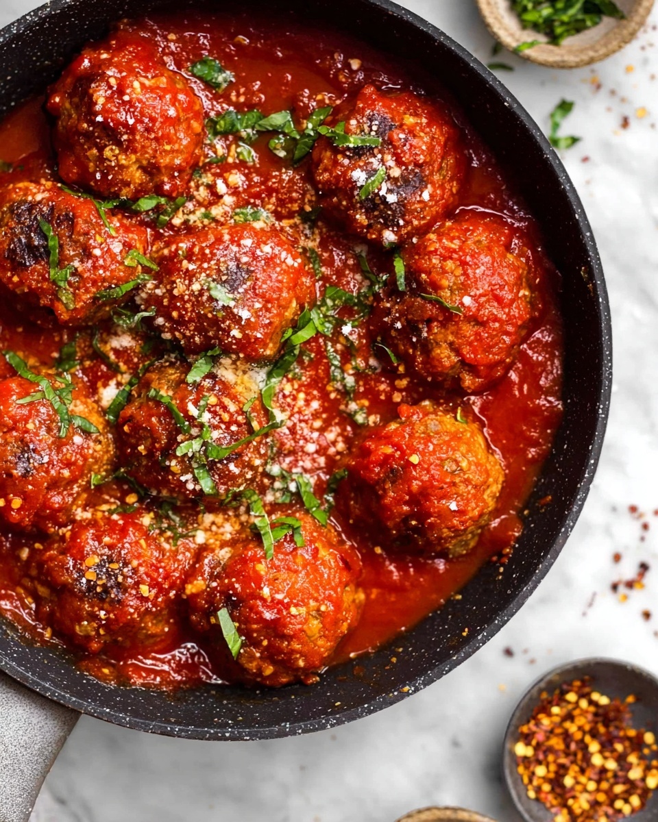 A white bowl holds a bed of light beige spaghetti noodles with a slight shine, topped with three bright red meatballs covered in rich red tomato sauce. The meatballs are sprinkled with finely grated white cheese and small pieces of fresh green basil leaves scattered on top. Two silver forks rest diagonally on the right side of the noodles, partially under the meatballs. The background features a white marbled surface. photo taken with an iphone --ar 4:5 --v 7