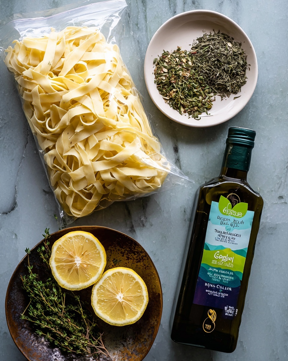 The image shows a clear plastic bag filled with pale yellow tagliatelle pasta, placed on the left side. To the right, there is a dark green glass bottle of extra virgin olive oil with a green and light blue label. Above the bottle, a small white plate holds mixed dried herbs and fresh green thyme sprigs. Below the pasta bag, a rustic metal bowl contains two lemon halves with bright yellow skin and juicy interiors. All items are arranged on a white marbled surface. photo taken with an iphone --ar 4:5 --v 7