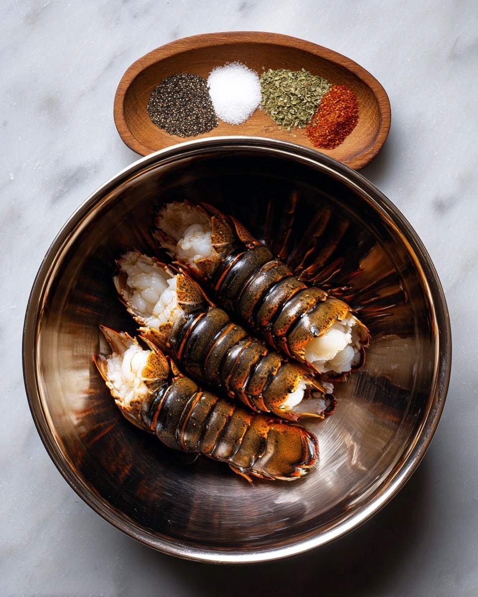 A large shiny metal bowl with two lobster tails inside, the tails are dark brown with orange and white meat visible at the ends, arranged in a slightly curved shape within the bowl. Above and to the right of the bowl, there is a small wooden bowl with four piles of spices in it: bright red, black and white pepper, white garlic powder, and green herbs. The background is a white marbled surface. photo taken with an iphone --ar 4:5 --v 7