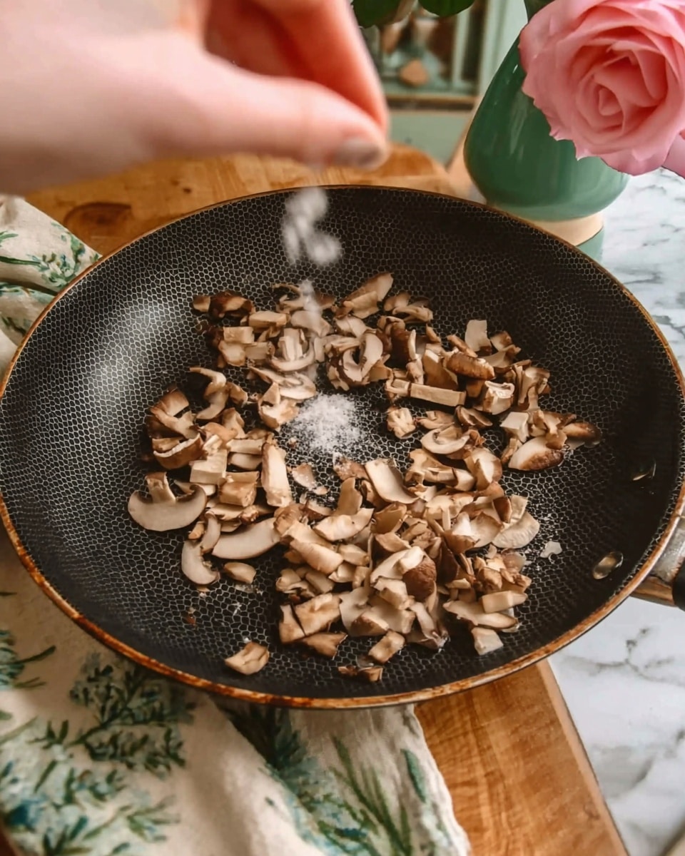 A black frying pan with a honeycomb texture holds many small pieces of chopped brown mushrooms in the center. A blurred woman's hand is adding salt over the mushrooms. The pan rests on a wooden surface with a white marbled texture and a green vase with a pink rose is visible in the background next to a beige towel with green leaf patterns. photo taken with an iphone --ar 4:5 --v 7