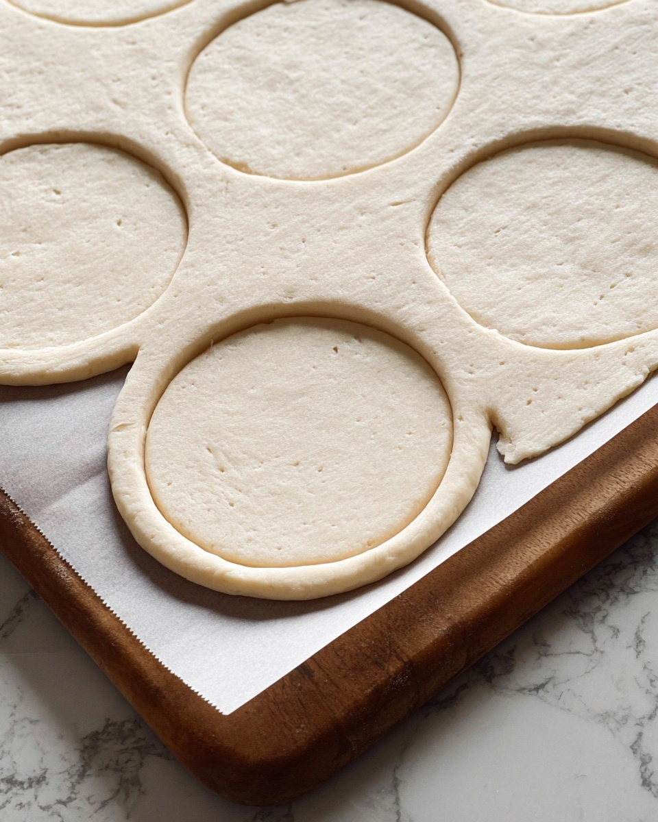 The image shows a flat sheet of pale dough spread out on parchment paper over a wooden surface, with circles carefully cut out from it. Each circle is light beige, smooth, and uniform in size, with one circle still attached to the dough sheet and a clear ring of dough surrounding it. The dough has a soft texture with a few tiny specks and slight imperfections visible, making it look fresh and ready for baking. The background is a white marbled texture. Photo taken with an iphone --ar 4:5 --v 7