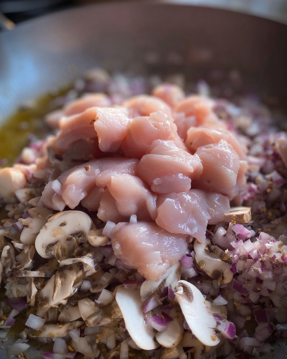 This image shows a close-up of a cooking pan with small pieces of light pink raw chicken on top of a base layer of chopped mushrooms and finely diced red onion. The mushrooms are light brown with some white parts, mixed together with the translucent purple pieces of onion, creating a textured layer at the bottom. The chicken pieces are placed in the middle, fresh and moist, with slight shine from cooking oil around. The pan is a simple metal color, and the photo is shot close, focusing on the textures and colors of the ingredients. photo taken with an iphone --ar 4:5 --v 7