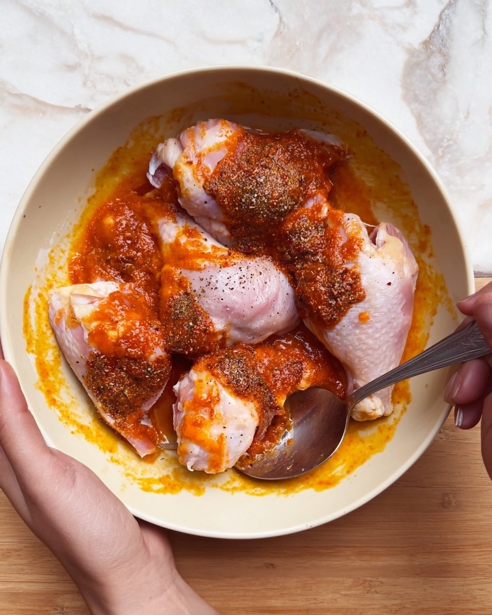 A white bowl holds four raw chicken pieces, each pale pink with skin, and topped with bright orange-red sauce and thick dark brown paste in several spots; some black pepper is sprinkled on the chicken skin, and there is a small spoon inside the bowl held by a woman's hand on the right side, while another woman's hand holds the bowl on the left side, all placed on a white marbled surface photo taken with an iphone --ar 4:5 --v 7