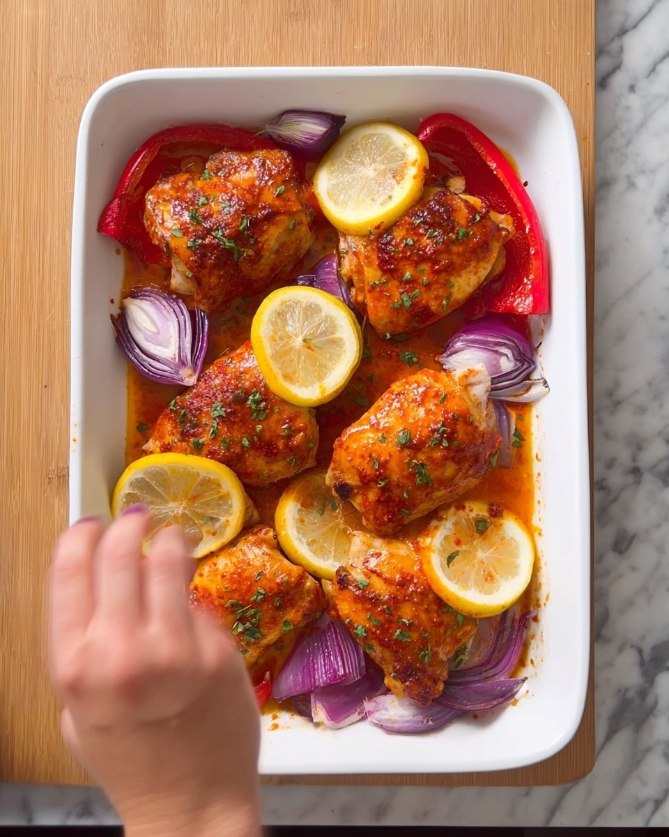 A white rectangular baking dish holds five pieces of chicken coated with a reddish-orange sauce, each placed on round lemon slices. Around the chicken are thick pieces of red bell pepper and chunks of purple onion scattered evenly. A woman's hand is in the lower part of the image, slightly blurred as if about to touch the food. The dish is set on a white marbled surface with a wooden texture below. Photo taken with an iphone --ar 4:5 --v 7