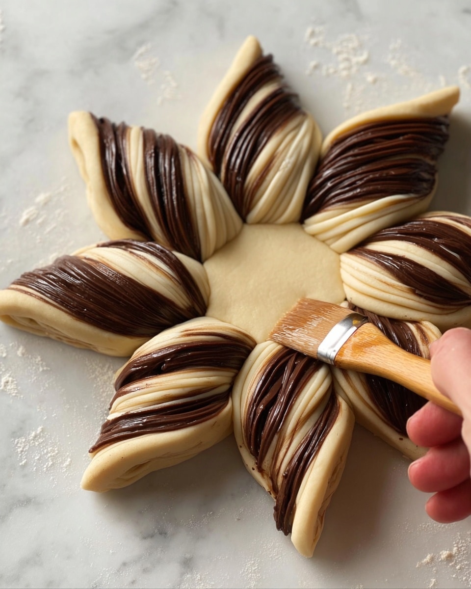 A round dough star-shaped pastry with a smooth light beige center star and eight twisted arms radiating outwards. Each arm is made up of multiple swirling layers alternating between pale cream dough and dark chocolate brown, giving a striped effect. A woman's hand with a wooden brush is applying a glossy layer of egg wash to one of the arms near the bottom of the image. The pastry is placed on a white marbled surface. photo taken with an iphone --ar 4:5 --v 7