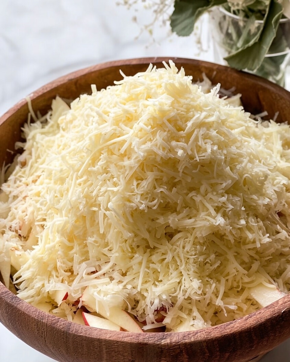 A close-up view of a wooden bowl filled with a large mound of finely shredded pale yellow cheese on top. Beneath the cheese, there are thin slices of light-colored apple pieces visible, mixing with some small bits of red skin from the apple. The background shows a vase with white flowers and green leaves, with a soft light coming from the left side. The bowl rests on a white marbled texture surface. photo taken with an iphone --ar 4:5 --v 7