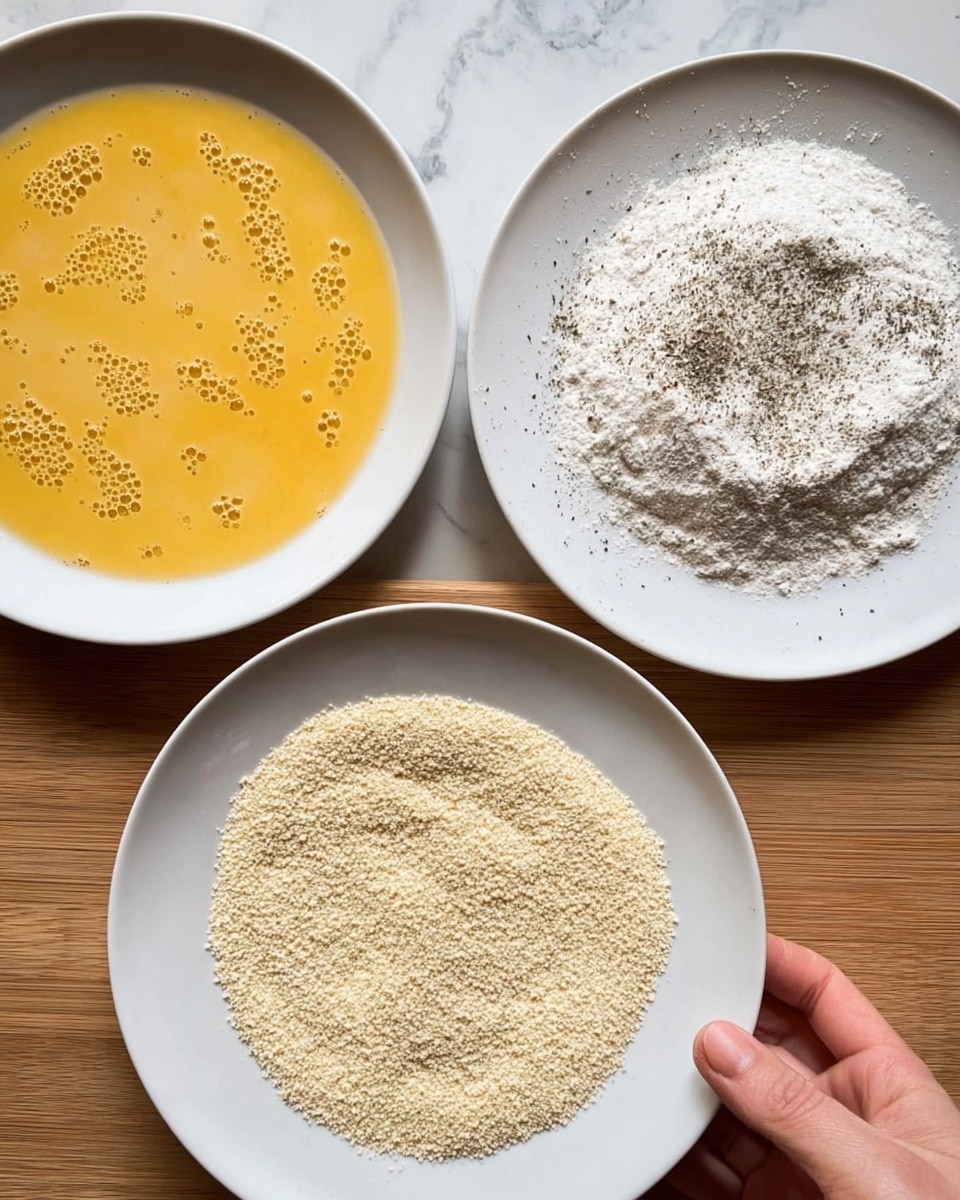 The image shows three white plates with different ingredients for cooking. The top left plate holds a yellow, bubbly liquid mixture, likely beaten eggs, with small bubbles across its surface. The top right plate contains a pile of white flour mixed with black pepper, giving it a slightly speckled look. The bottom plate has a light beige, fine crumb coating spread out evenly, with a woman’s hand holding the edge of the plate on the right side. The plates are set on a wooden surface replaced with a white marbled texture. Photo taken with an iphone --ar 4:5 --v 7