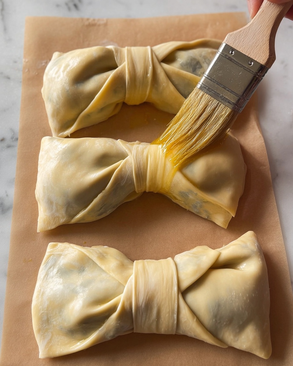 Two layers of light beige pastry sheets are shaped into loose bundles on a white plate with green and white checkered pattern. Each bundle holds a dark green spinach mixture on the bottom, topped with a block of soft white cheese in the left bundle, with a woman's hand placing the cheese on top. The bundles are positioned side by side in the center of the plate, with the pastry edges loosely twisted around the filling. The plate is on a white marbled surface, with some red berries, pinecone, and green pine branches at the top edge of the image. Photo taken with an iphone --ar 4:5 --v 7