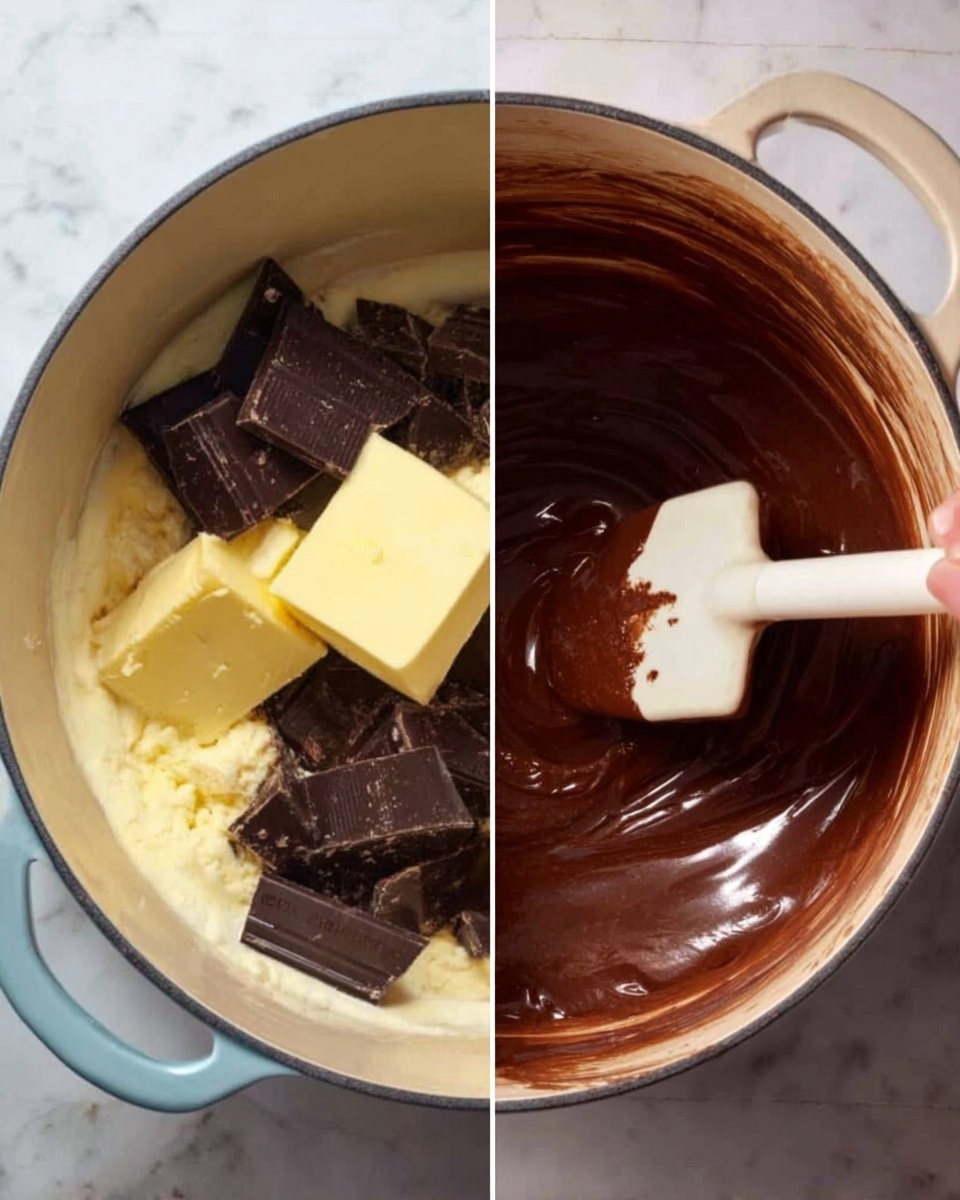 The image shows two views of a cooking pot with a white inside and a light beige outside, placed on a white marbled surface. On the left, inside the pot, there are several layers: a creamy cream layer at the bottom, topped with large pieces of dark chocolate and a block of pale yellow butter. On the right, the same pot contains a smooth, dark brown chocolate mixture being stirred by a woman's hand holding a white spatula with some chocolate on it, showing a thick and shiny texture. Photo taken with an iphone --ar 4:5 --v 7