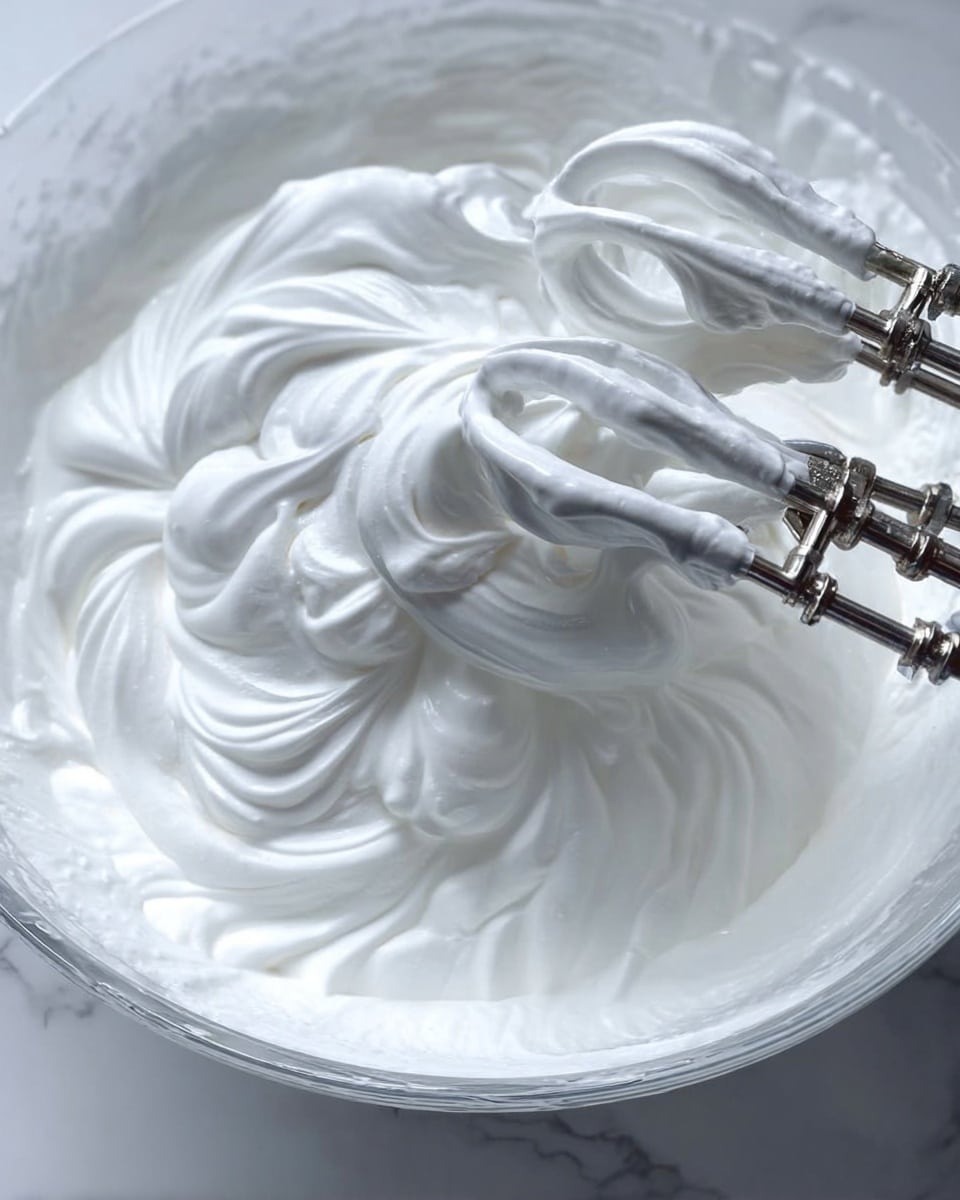 A close-up of fluffy white whipped cream in a clear glass bowl, with two metal mixer beaters partially covered in the cream, swirling through the smooth and airy texture. The cream has soft peaks and gentle waves, showing its light and creamy consistency. The white marbled surface is seen beneath the bowl, adding a clean and bright background. The image captures the creamy swirls and the shiny metal beaters in detail, giving a fresh and inviting feel. photo taken with an iphone --ar 4:5 --v 7