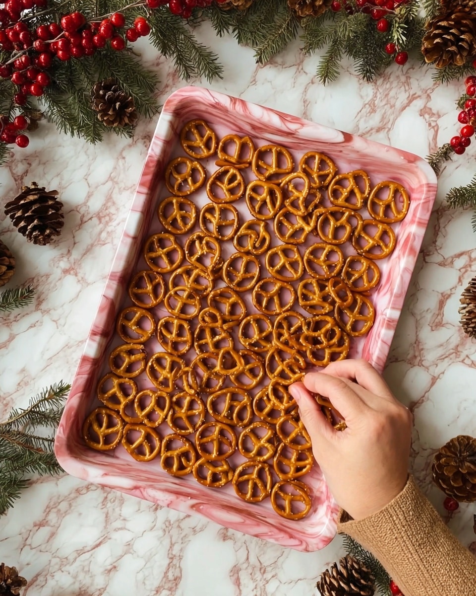 A pink marbled tray lined with similar pink marbled paper holds many small, golden brown pretzels arranged closely in rows, covering almost the entire tray surface. In the bottom right corner, a woman's hand is picking up one pretzel. Around the tray, some natural holiday decorations like pine cones, green pine leaves, and bright red berries are seen on a white marbled surface. Photo taken with an iphone --ar 4:5 --v 7