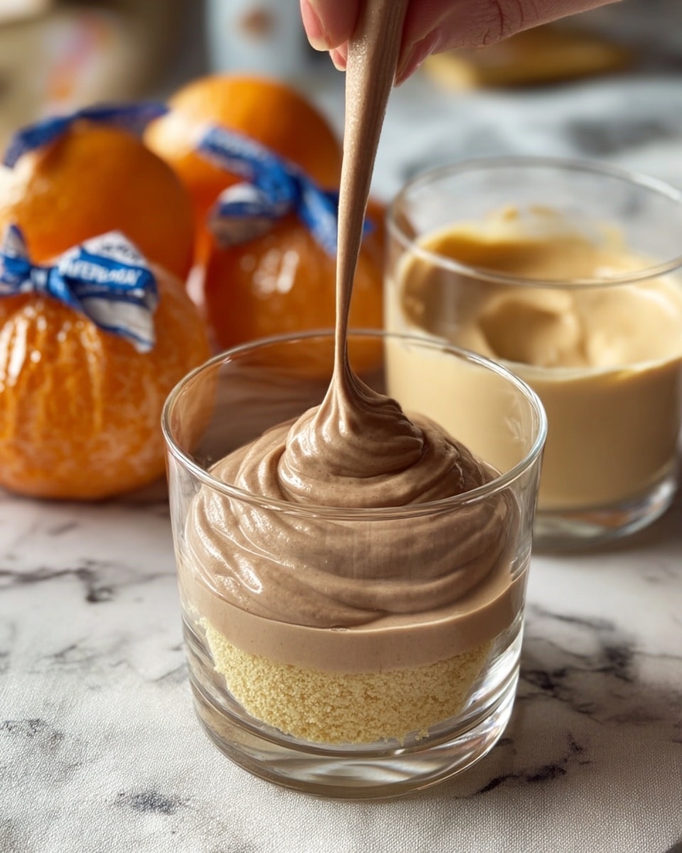 A clear glass shows a dessert with two layers on a white marbled surface. The bottom layer is a light yellow crumbly base, and above it a thick smooth light brown cream is being poured in a spiral by a woman's hand, creating soft folds and gentle swirls. In the background, there is another clear glass with the same crumbly base layer and two wrapped oranges with shiny orange skin and blue labels. The scene has a soft, natural light that highlights the creamy texture and crumbly base. photo taken with an iphone --ar 4:5 --v 7