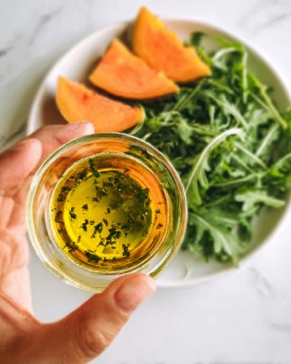 A woman's hand is holding a small clear glass bowl filled with golden yellow oil mixed with green herbs, positioned above a white glass bowl of fresh green arugula leaves and three orange triangular pieces of roasted pumpkin or squash. The background and surface are white with a marbled texture, giving a clean and bright look. The photo taken with an iphone --ar 4:5 --v 7