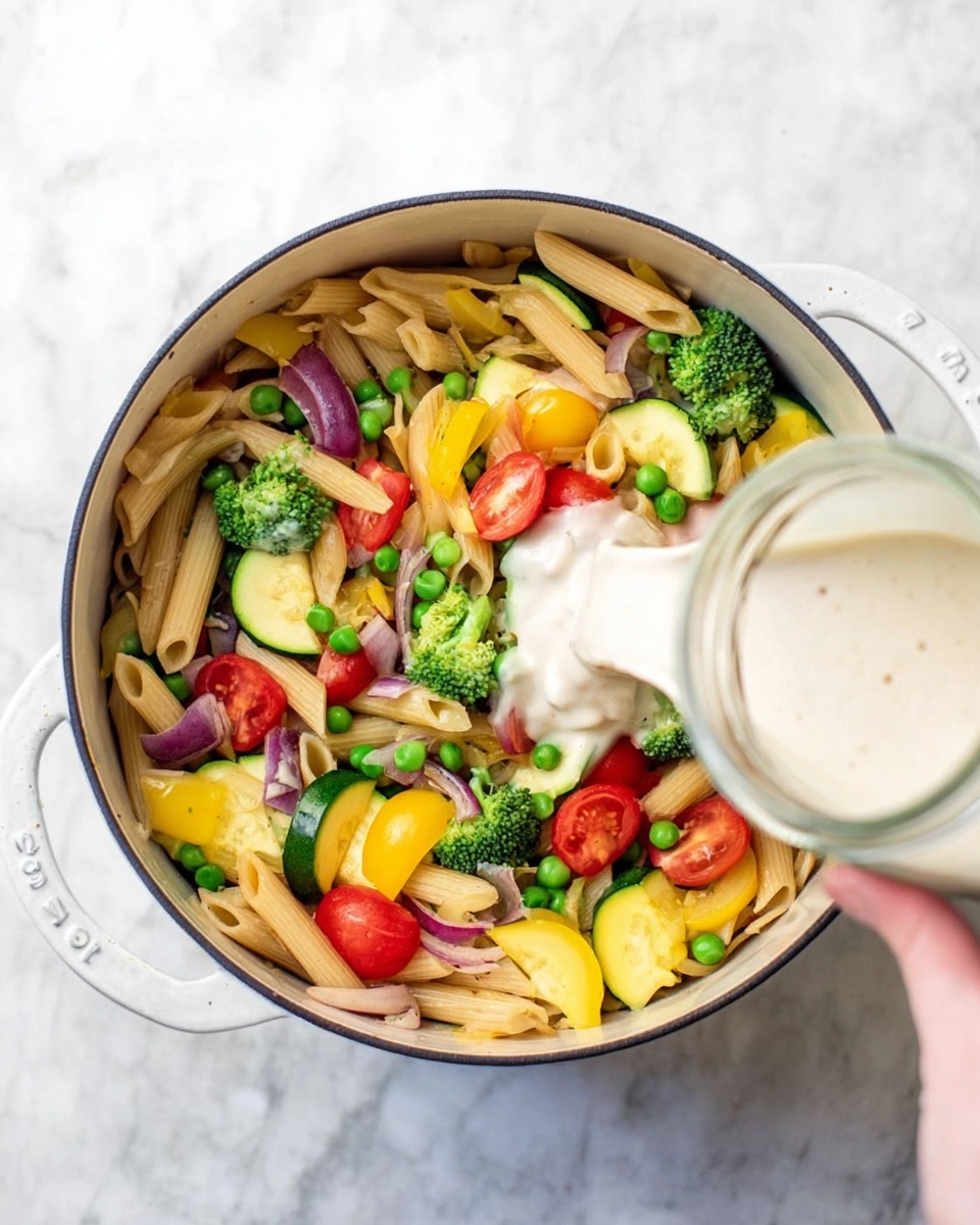 A white pot filled with a colorful mix of cooked penne pasta and fresh vegetables, including bright green broccoli florets, sliced yellow and green zucchini, halved red cherry tomatoes, small green peas, and chunks of red and purple onion. The ingredients create a vibrant, fresh look with a variety of colors and textures, all visible in the pot. A woman's hand is pouring a creamy white sauce from a glass jar into the pot, adding a smooth and rich layer to the colorful pasta and veggies below. The whole scene sits on a white marbled surface. photo taken with an iphone --ar 4:5 --v 7