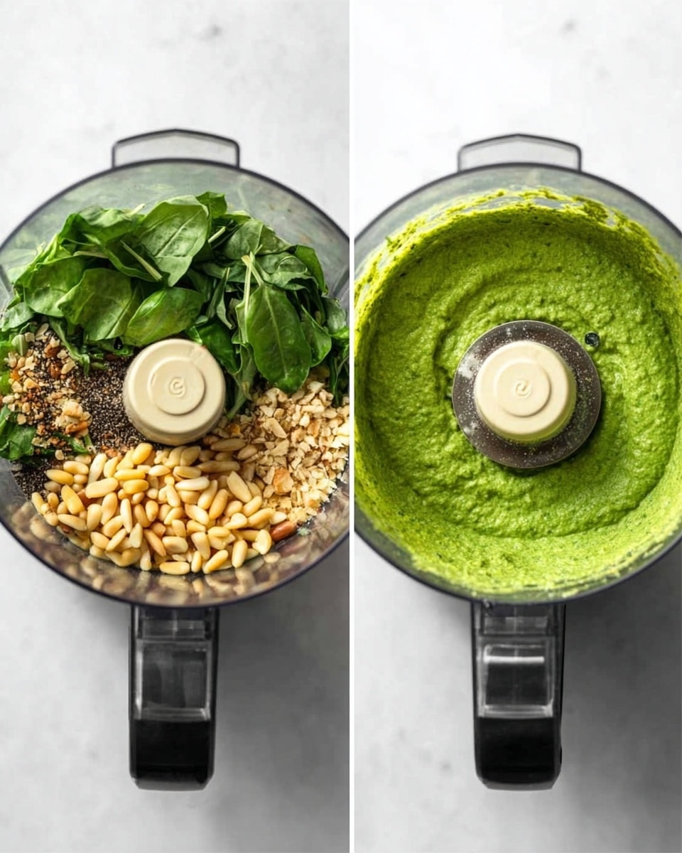 A top-down view of two food processor bowls side by side on a white marbled surface, with the left bowl filled with layers of fresh green basil leaves, pale pine nuts, light brown minced garlic or ginger, and a sprinkling of black pepper, all unmixed and sitting in separate sections around the blade. The right bowl shows the same ingredients blended smoothly into a bright green, thick, and creamy sauce with a consistent texture. The food processors have clear lids and black bases. photo taken with an iphone --ar 4:5 --v 7