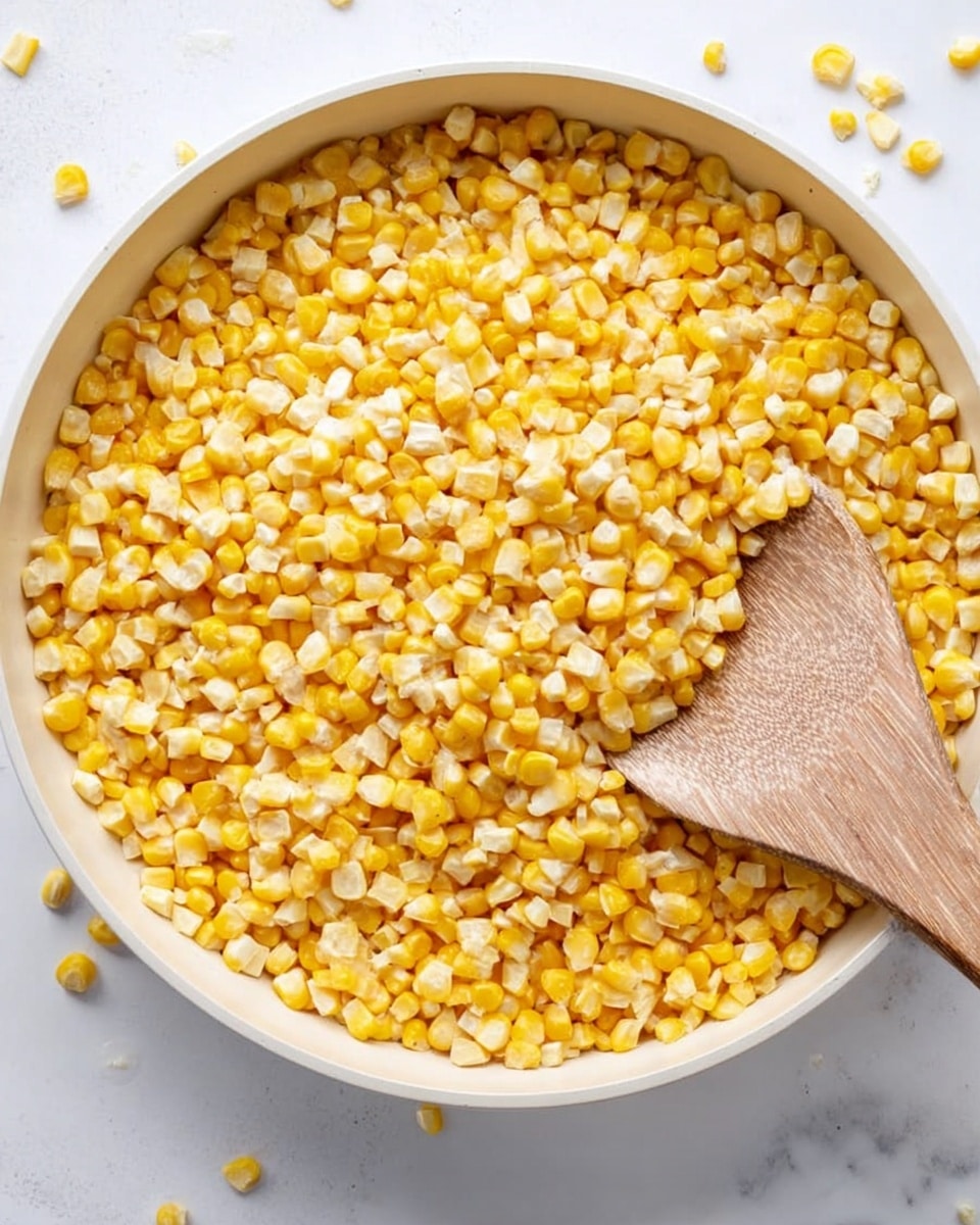 A white pan filled with many small pieces of yellow and pale corn kernels, evenly spread covering the whole surface. A wooden spoon lies on top of the corn in the pan, positioned on the right side. The background is a white marbled texture. Photo taken with an iphone --ar 4:5 --v 7