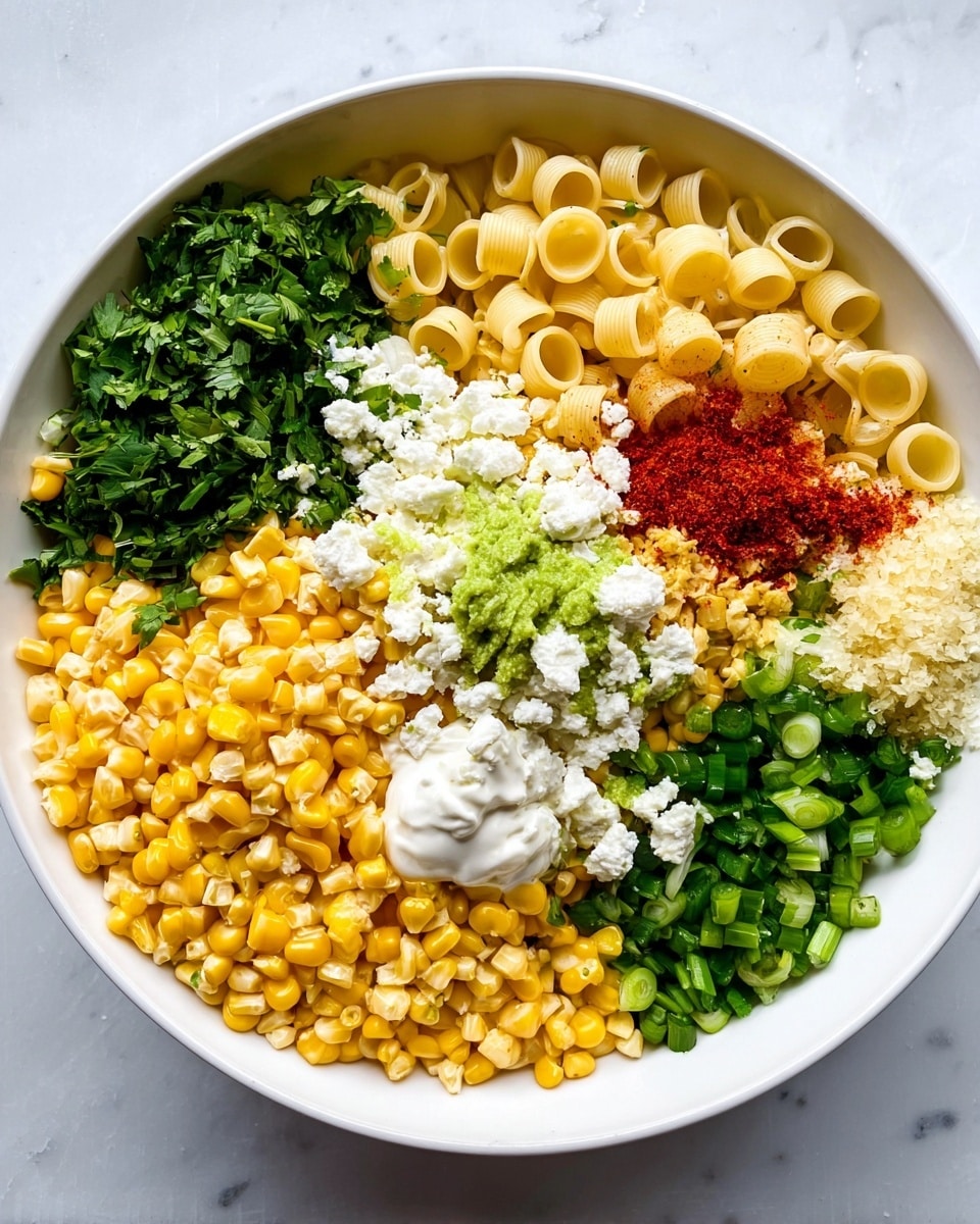 The image shows a large white bowl filled with colorful ingredients arranged in separate sections. At the bottom and center, there is a large layer of bright yellow corn kernels. On the left side, there is a pile of chopped green cilantro leaves. At the top, small pale yellow pasta rings are stacked. Near the top right, a dollop of white creamy sauce is visible. There are crumbled white cheese pieces spread over the corn and around the center. Bright red powder, possibly a spice, is sprinkled near the cheese. On the right side, finely chopped green bell peppers and chopped green onions are placed side by side. Light brown minced garlic or ginger is positioned near the green onions. A lime zest or green zest is also spread near the creamy sauce. The bowl is set on a white marbled surface. photo taken with an iphone --ar 4:5 --v 7