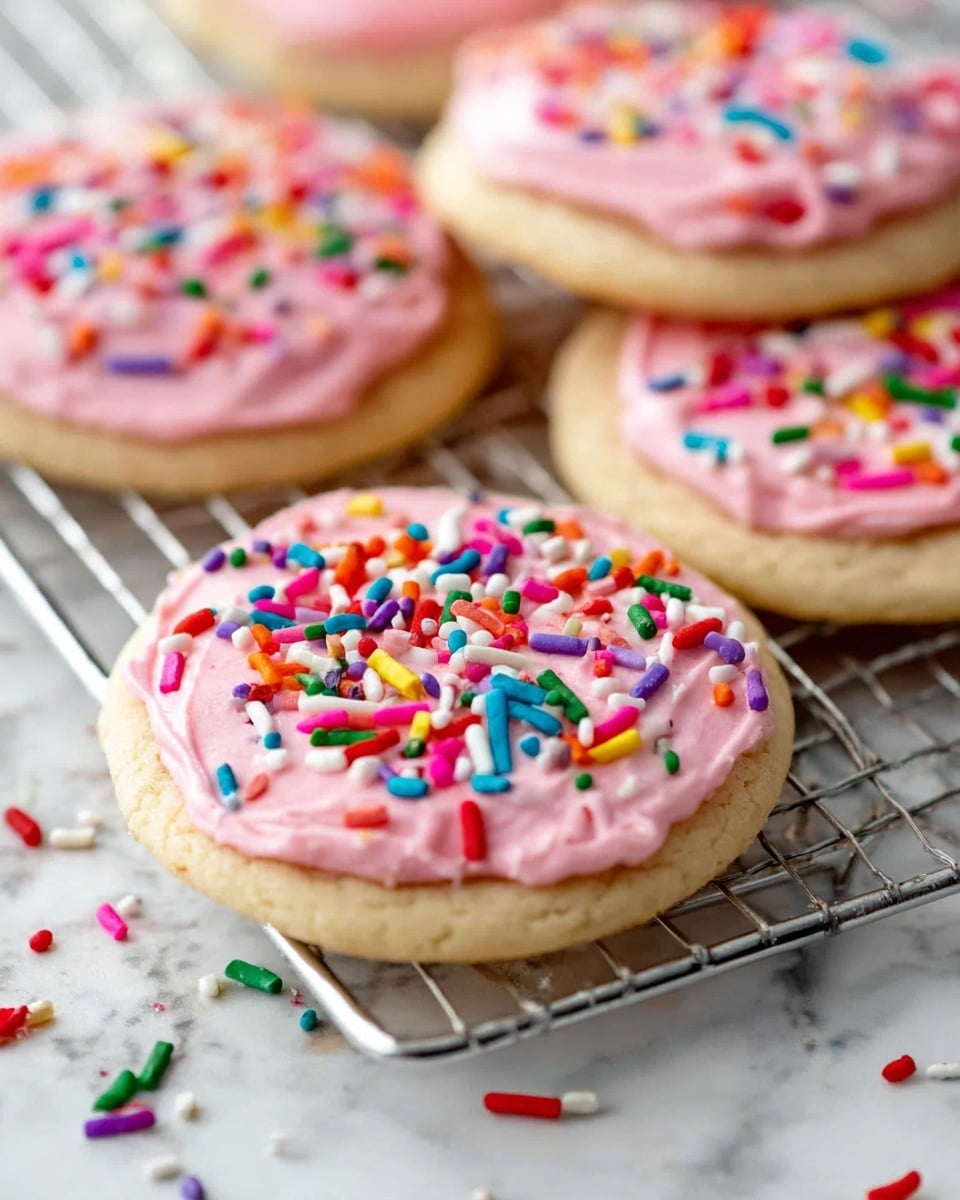 Several round sugar cookies with a soft beige base are topped with a thick layer of smooth, light pink frosting that spreads unevenly to the edges. Each cookie is sprinkled generously with small, colorful, rod-shaped sprinkles in red, green, blue, white, orange, purple, and yellow scattered both on the frosting and around the cookies. The cookies rest on a silver cooling rack placed on a white marbled surface, with some sprinkles scattered loosely nearby. Photo taken with an iphone --ar 4:5 --v 7