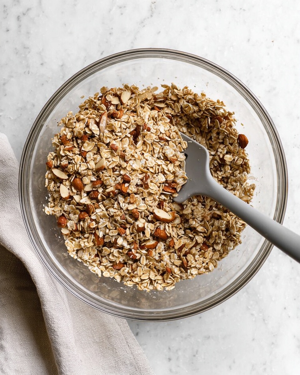 A clear glass bowl filled with a mix of dry oats and chopped almonds, creating a light brown, textured mixture with small pieces of nuts scattered throughout. A grey spatula is placed inside the bowl, angled towards the right, partially covered by the oats mix. The bowl sits on a white marbled surface with a folded light grey cloth partially visible on the lower left side. The oats appear loose and unevenly spread within the bowl, showing a rough texture and natural oat color. photo taken with an iphone --ar 4:5 --v 7