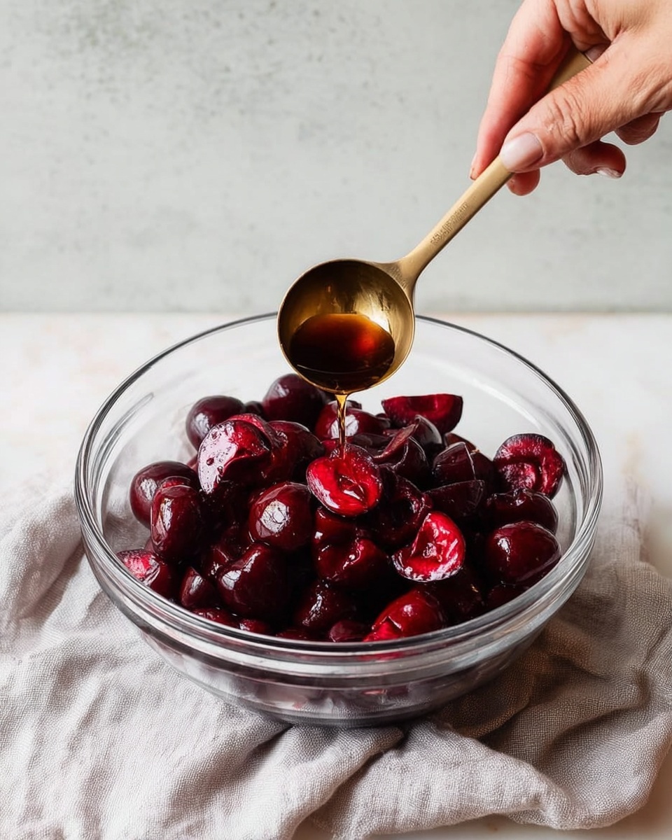 A clear glass bowl filled with deep red, halved cherries that have a shiny, juicy texture. Above the bowl, a woman's hand holds a small, gold measuring spoon filled with a dark amber liquid poised to pour over the cherries. The bowl sits on a soft, light gray cloth over a white marbled textured surface creating a clean and bright background. Photo taken with an iphone --ar 4:5 --v 7