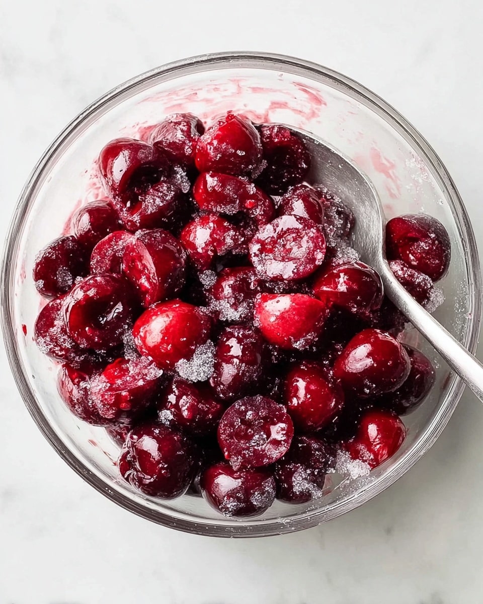 A clear glass bowl filled with dark red halved cherries covered lightly in white granulated sugar. The cherries' deep red flesh is glossy and slightly wet, with a few whole cherries visible among the halves. A silver spoon is placed inside the bowl, partially submerged in the cherries. The bowl sits on a white marbled surface. photo taken with an iphone --ar 4:5 --v 7