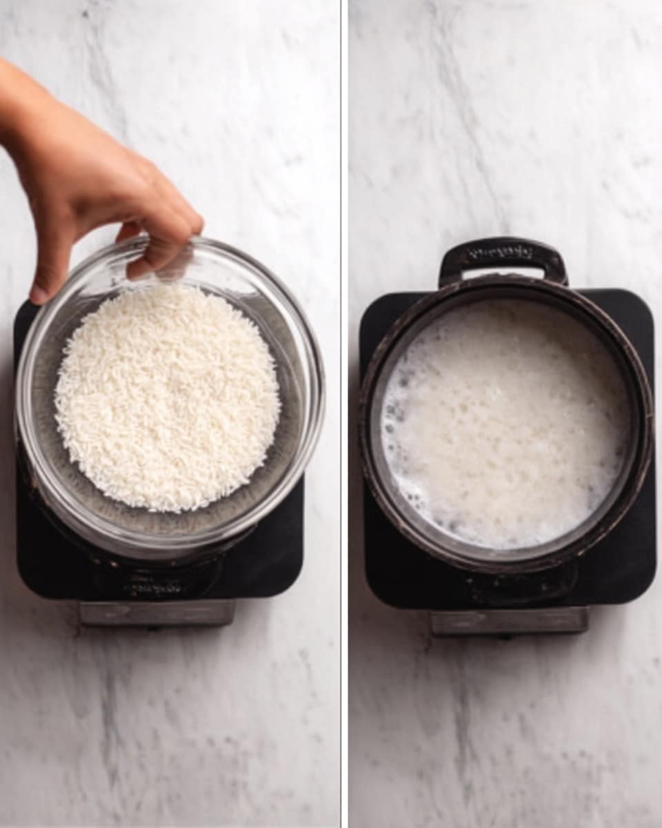 The image shows two shots side by side on a white marbled surface. On the left, a clear glass bowl holds a smooth, white, creamy mixture with a soft texture, filling about three-quarters of the bowl. On the right, a woman's hand holds a golden measuring cup pouring a thick white liquid into a small black pot on a black stove, with the liquid pooling at the bottom of the pot. The background and surface remain white marbled, giving a clean and simple look. photo taken with an iphone --ar 4:5 --v 7
