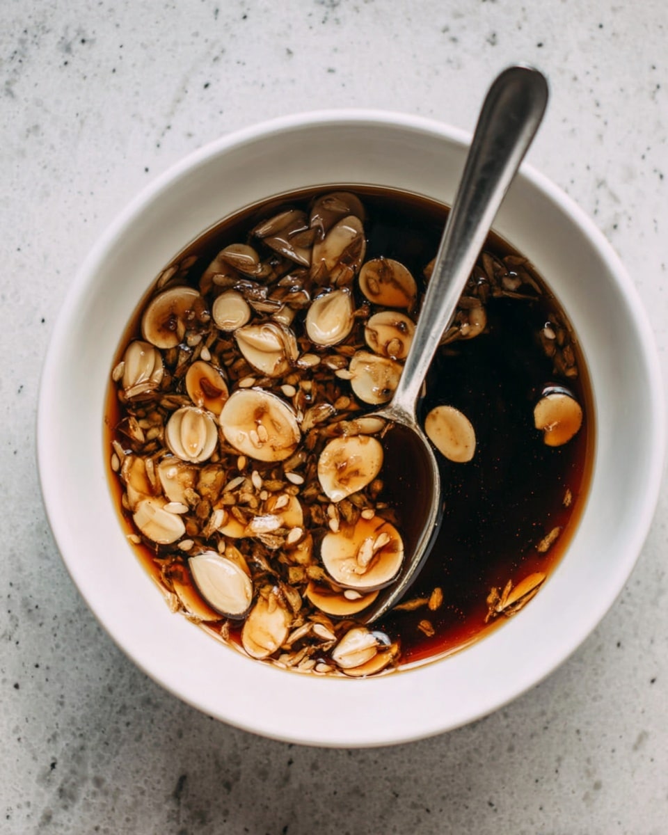 A white bowl filled with dark brown liquid that looks like soy sauce. Floating on the surface are many thin round slices of light brown garlic. A spoon is in the bowl with its handle resting on the edge. The bowl sits on a white marbled surface. Photo taken with an iphone --ar 4:5 --v 7